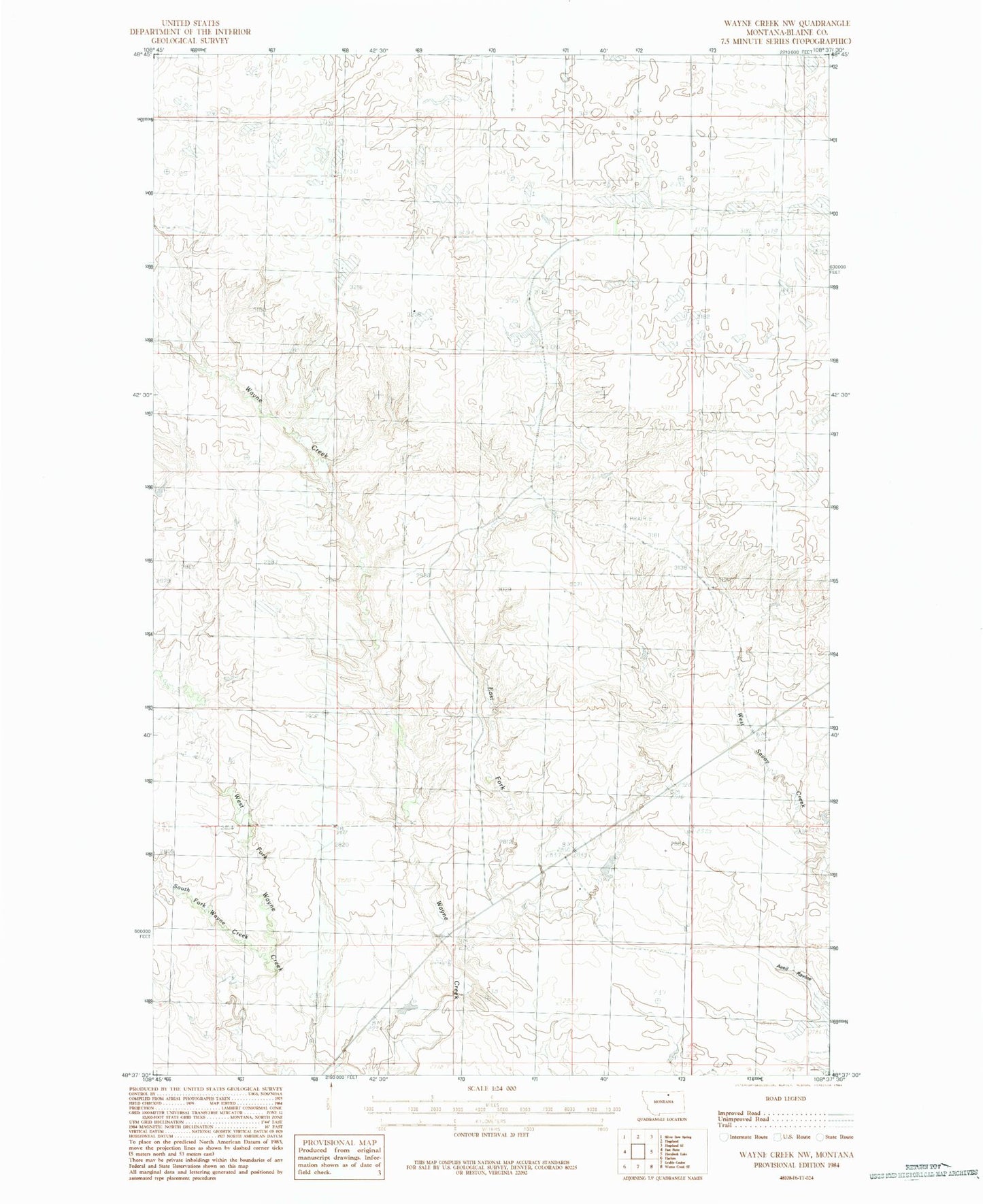 Classic USGS Wayne Creek NW Montana 7.5'x7.5' Topo Map Image