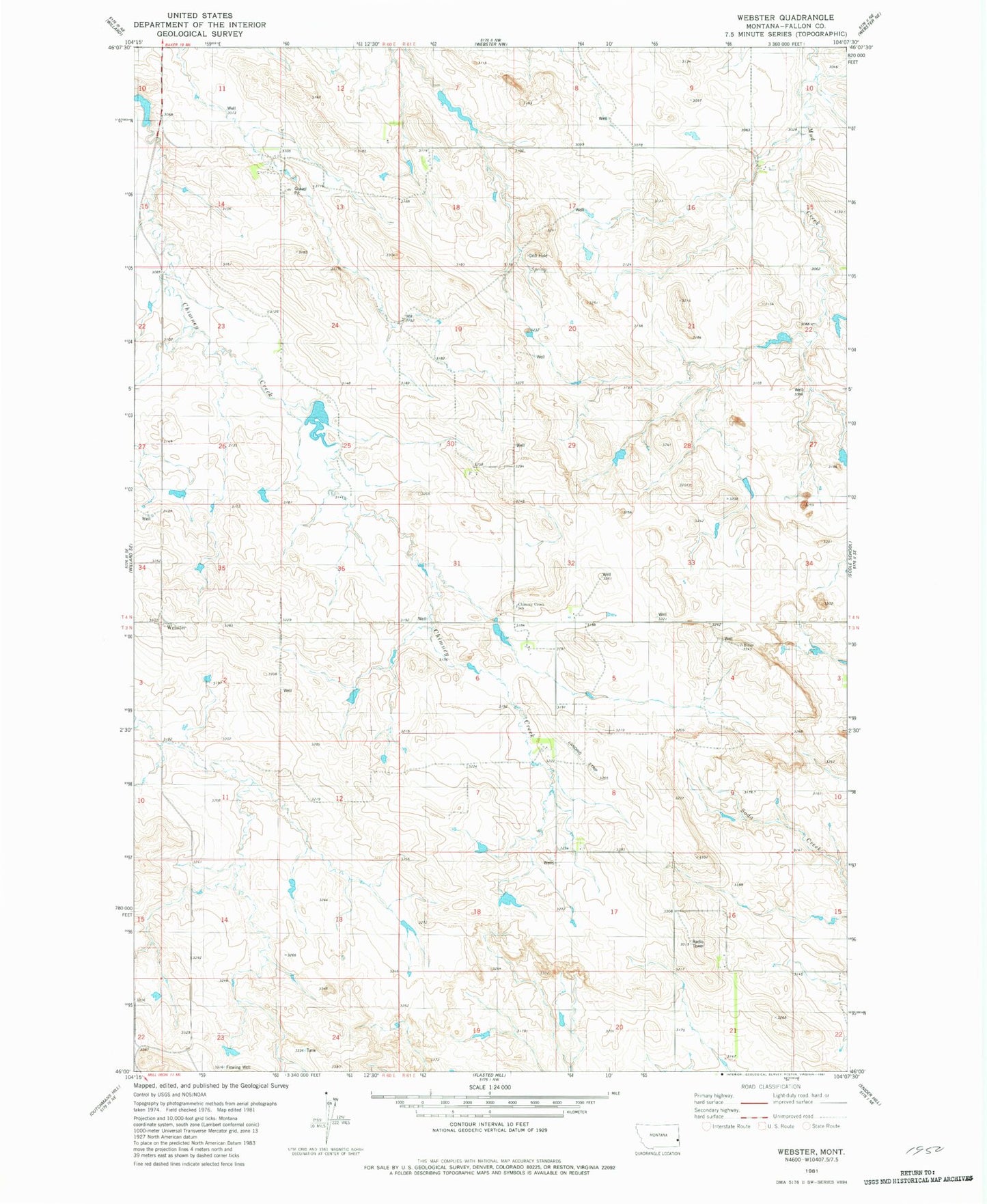 Classic USGS Webster Montana 7.5'x7.5' Topo Map Image