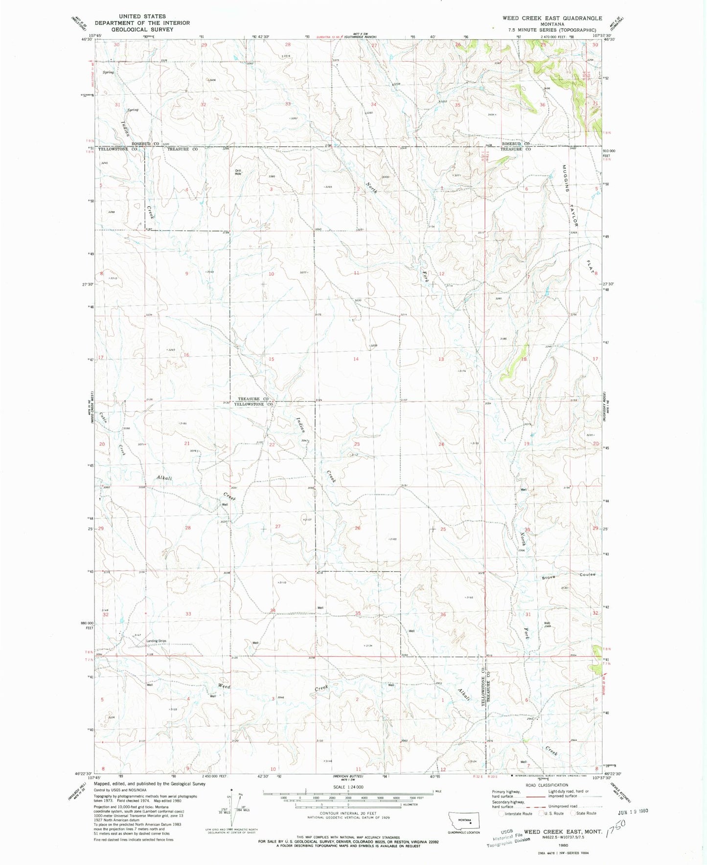 Classic USGS Weed Creek East Montana 7.5'x7.5' Topo Map Image