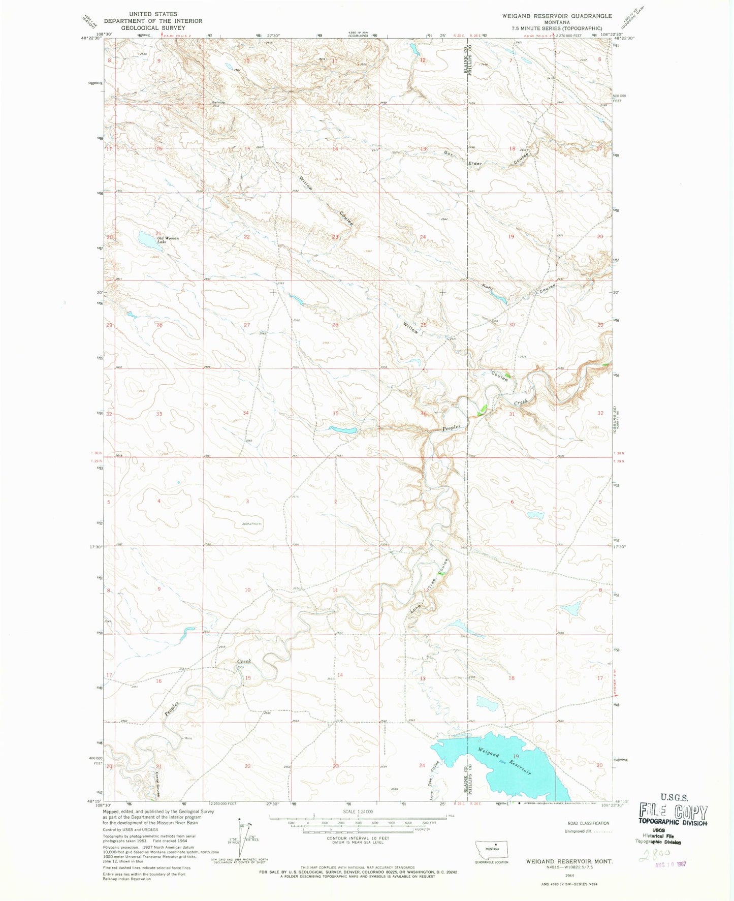 Classic USGS Weigand Reservoir Montana 7.5'x7.5' Topo Map Image