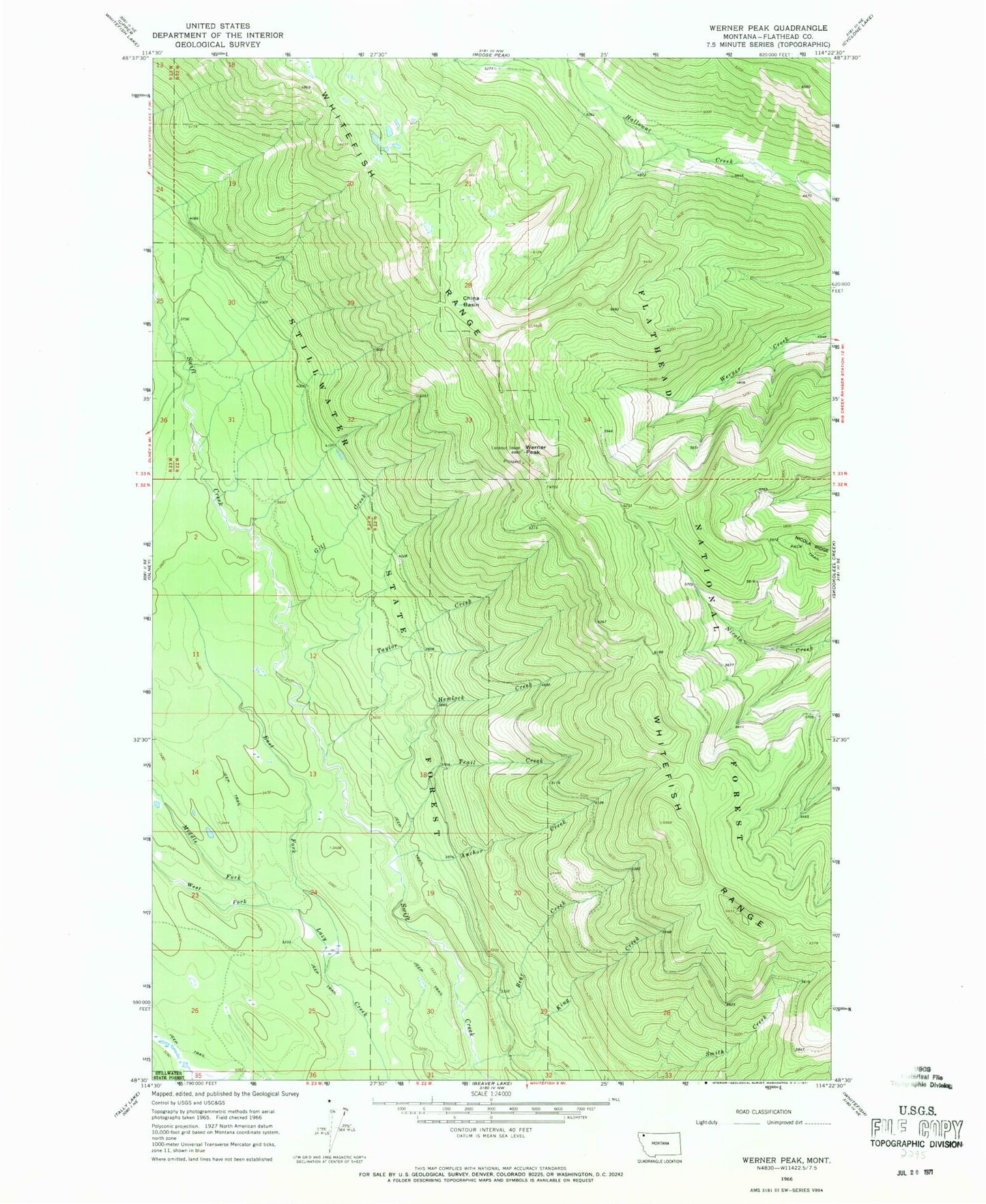 Classic USGS Werner Peak Montana 7.5'x7.5' Topo Map Image