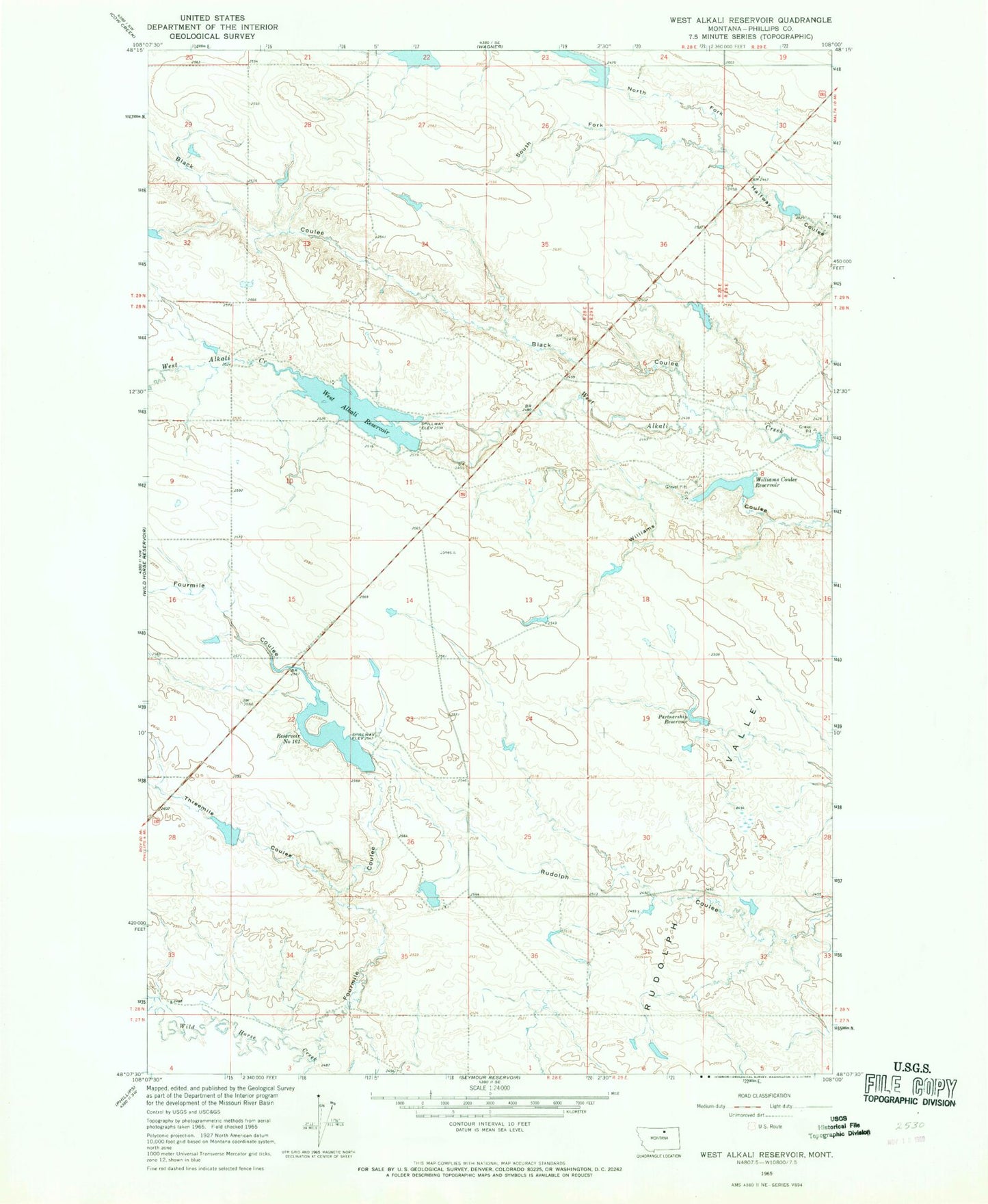Classic USGS West Alkali Reservoir Montana 7.5'x7.5' Topo Map Image