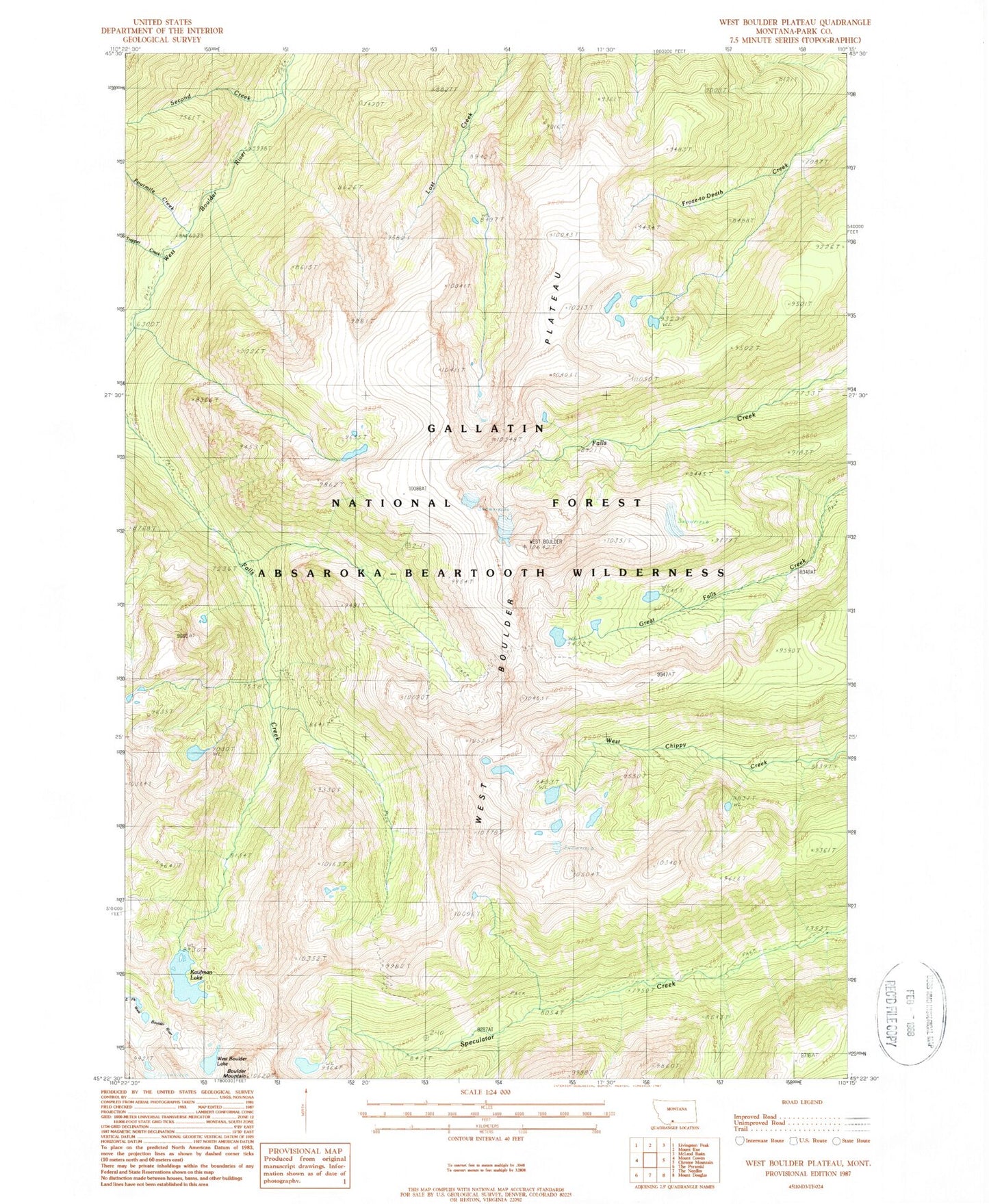 Classic USGS West Boulder Plateau Montana 7.5'x7.5' Topo Map Image