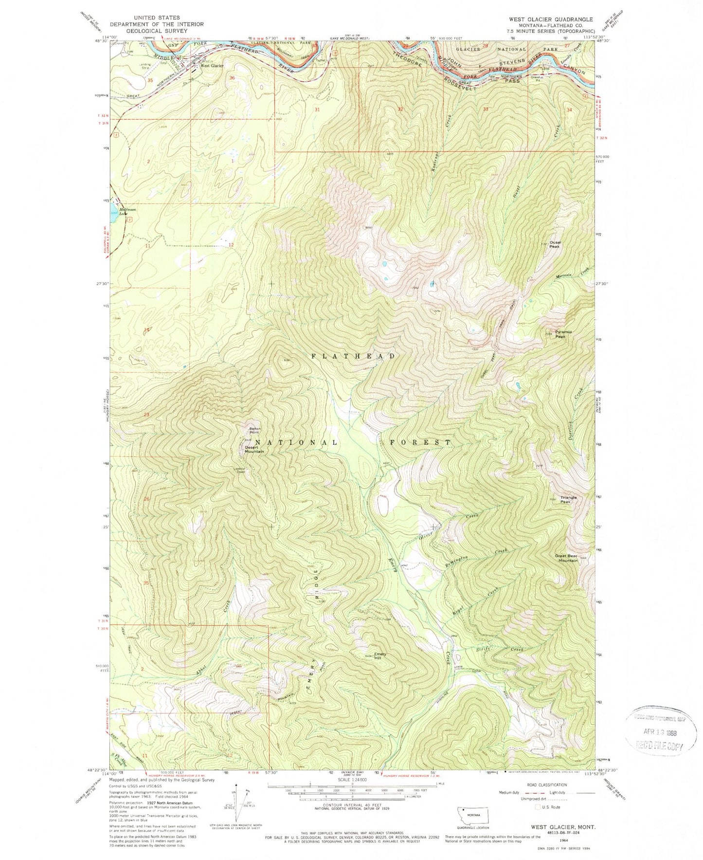 Classic USGS West Glacier Montana 7.5'x7.5' Topo Map Image