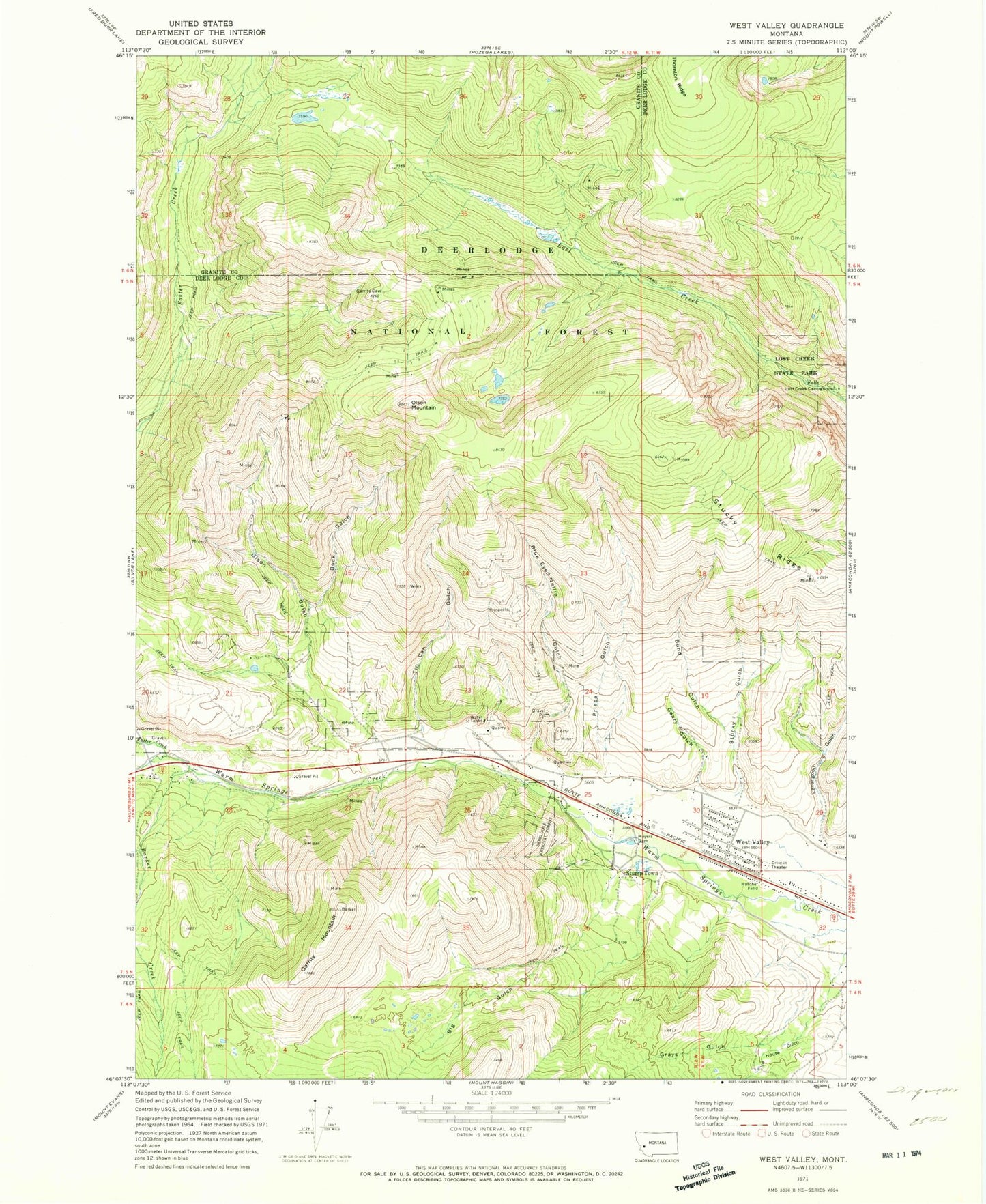 Classic USGS West Valley Montana 7.5'x7.5' Topo Map Image
