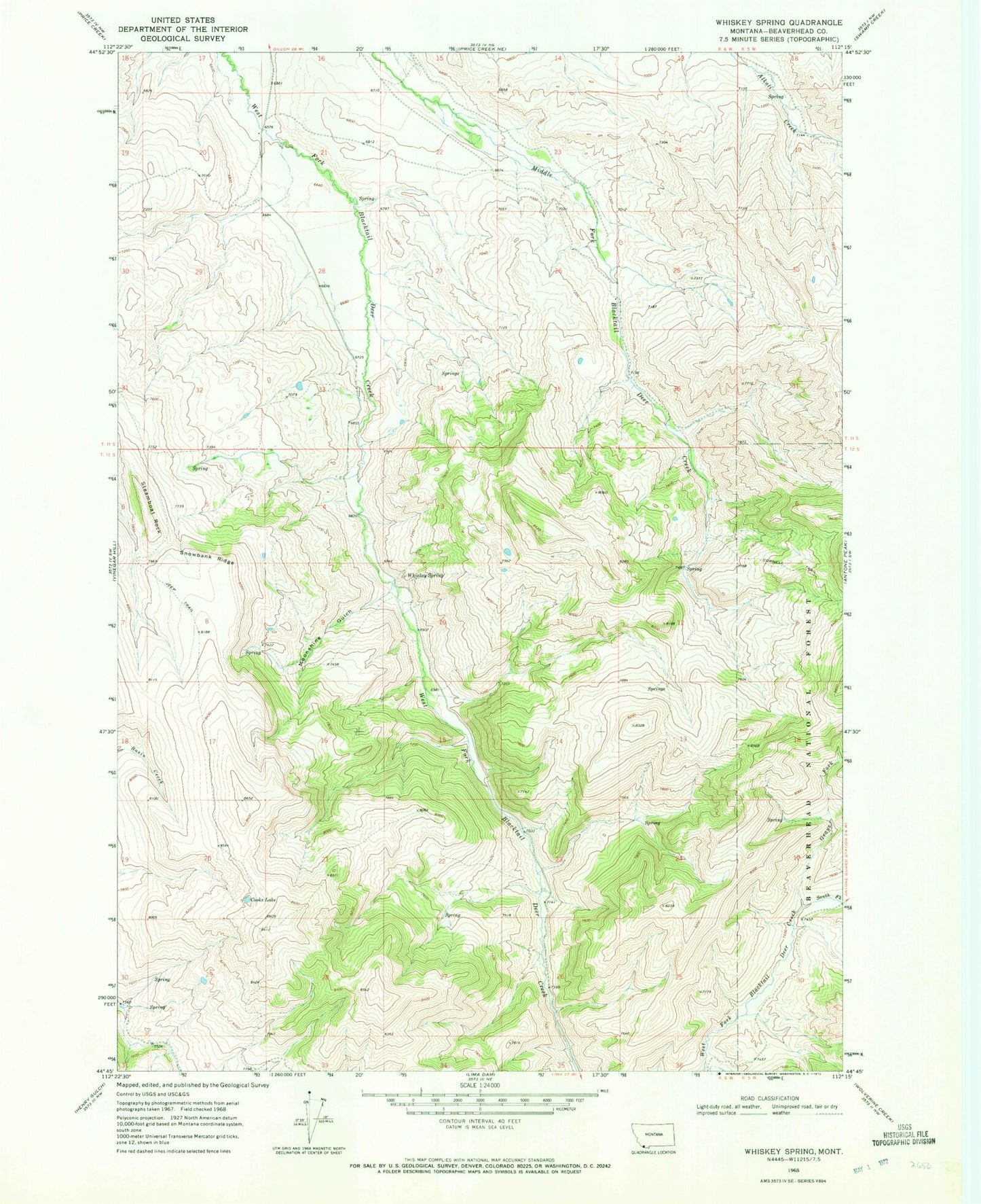 Classic USGS Whiskey Spring Montana 7.5'x7.5' Topo Map Image