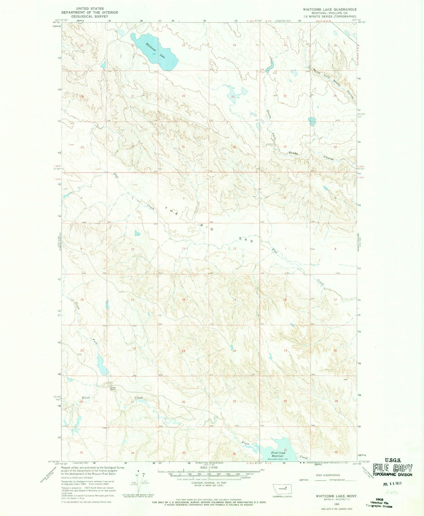 Classic USGS Whitcomb Lake Montana 7.5'x7.5' Topo Map Image