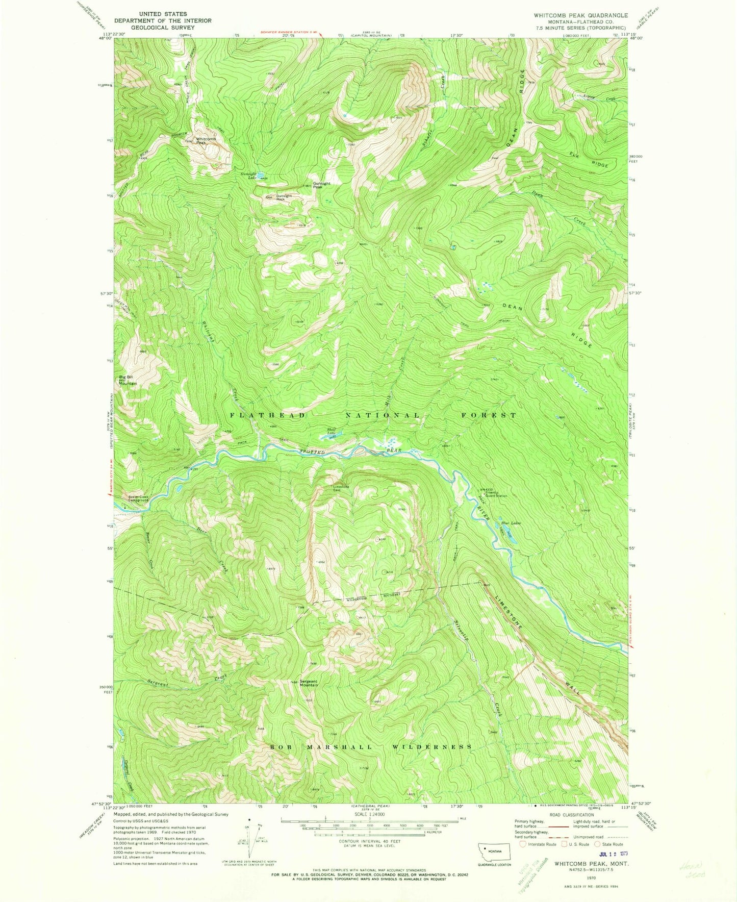 Classic USGS Whitcomb Peak Montana 7.5'x7.5' Topo Map Image