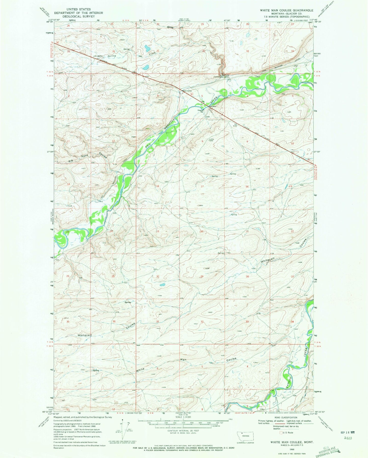 Classic USGS White Man Coulee Montana 7.5'x7.5' Topo Map Image