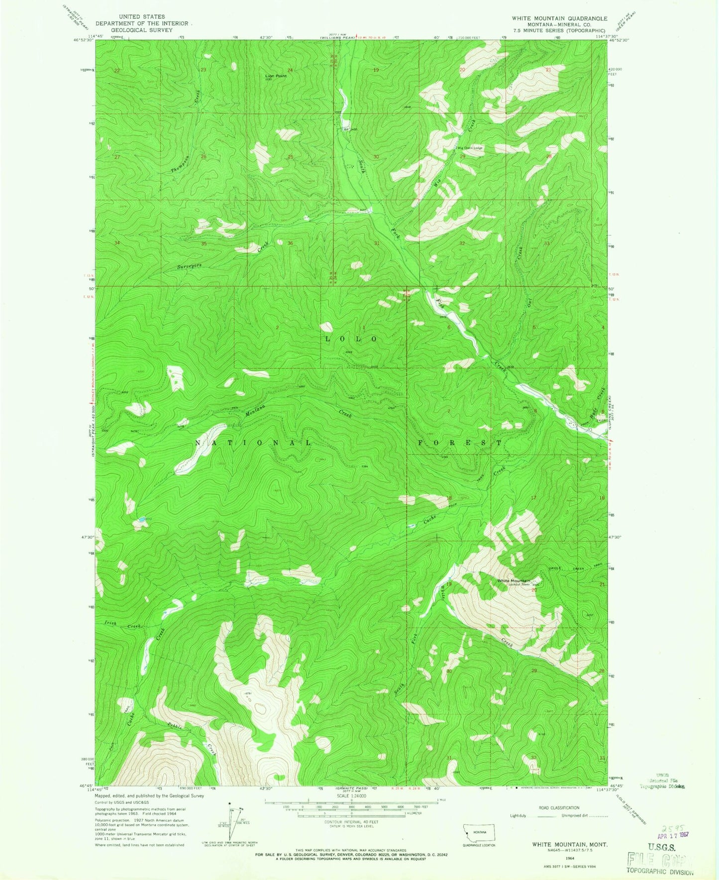 Classic USGS White Mountain Montana 7.5'x7.5' Topo Map Image