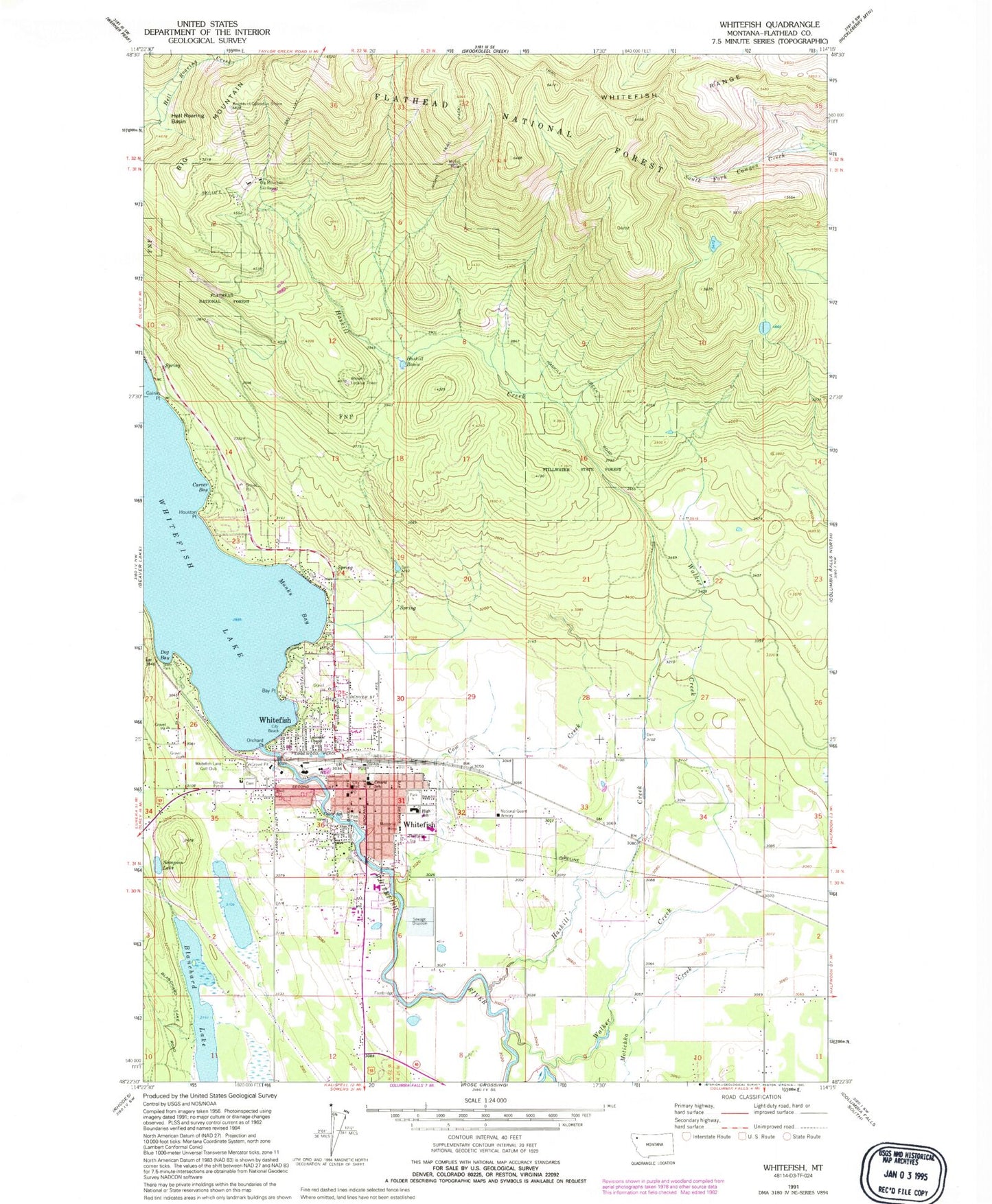 Classic USGS Whitefish Montana 7.5'x7.5' Topo Map Image