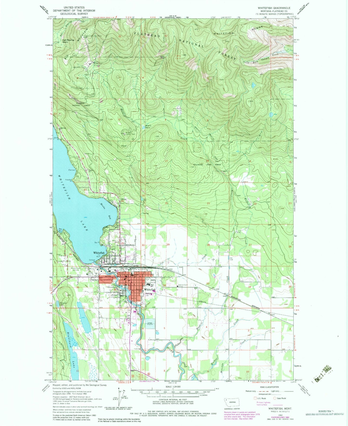 Classic USGS Whitefish Montana 7.5'x7.5' Topo Map Image