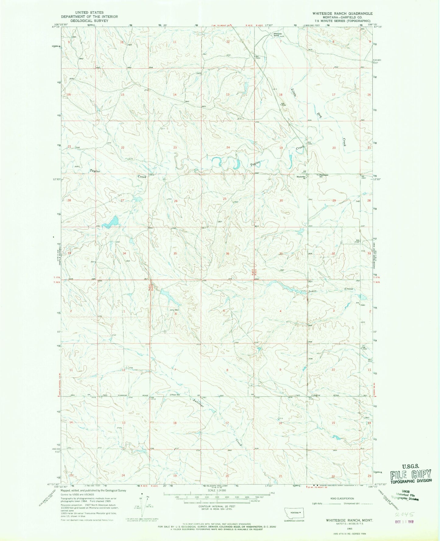 Classic USGS Whiteside Ranch Montana 7.5'x7.5' Topo Map Image