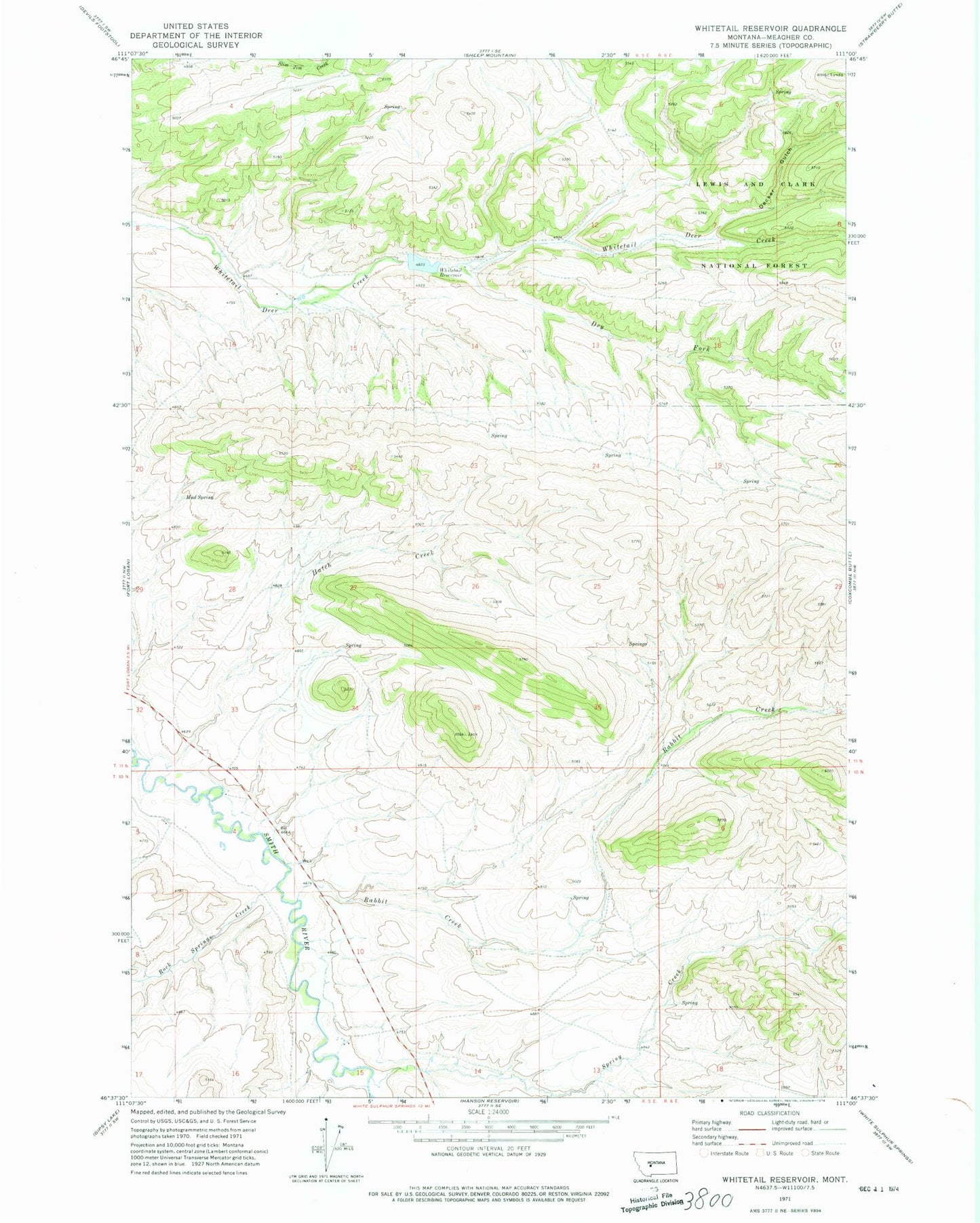 Classic USGS Whitetail Reservoir Montana 7.5'x7.5' Topo Map Image