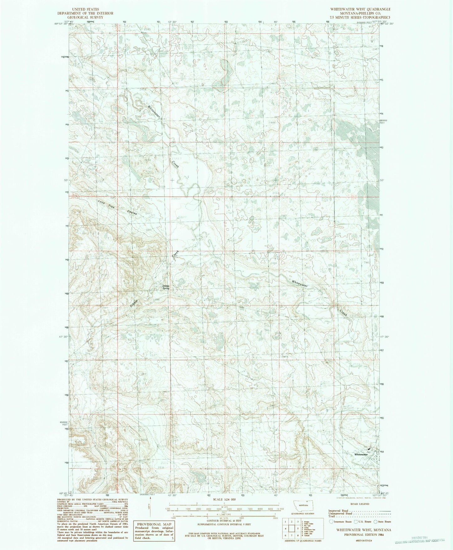 Classic USGS Whitewater West Montana 7.5'x7.5' Topo Map Image