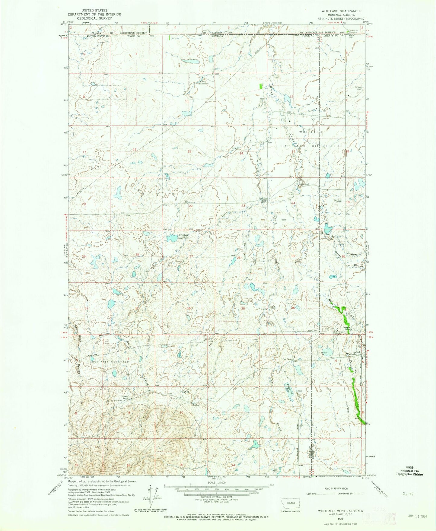 Classic USGS Whitlash Montana 7.5'x7.5' Topo Map Image