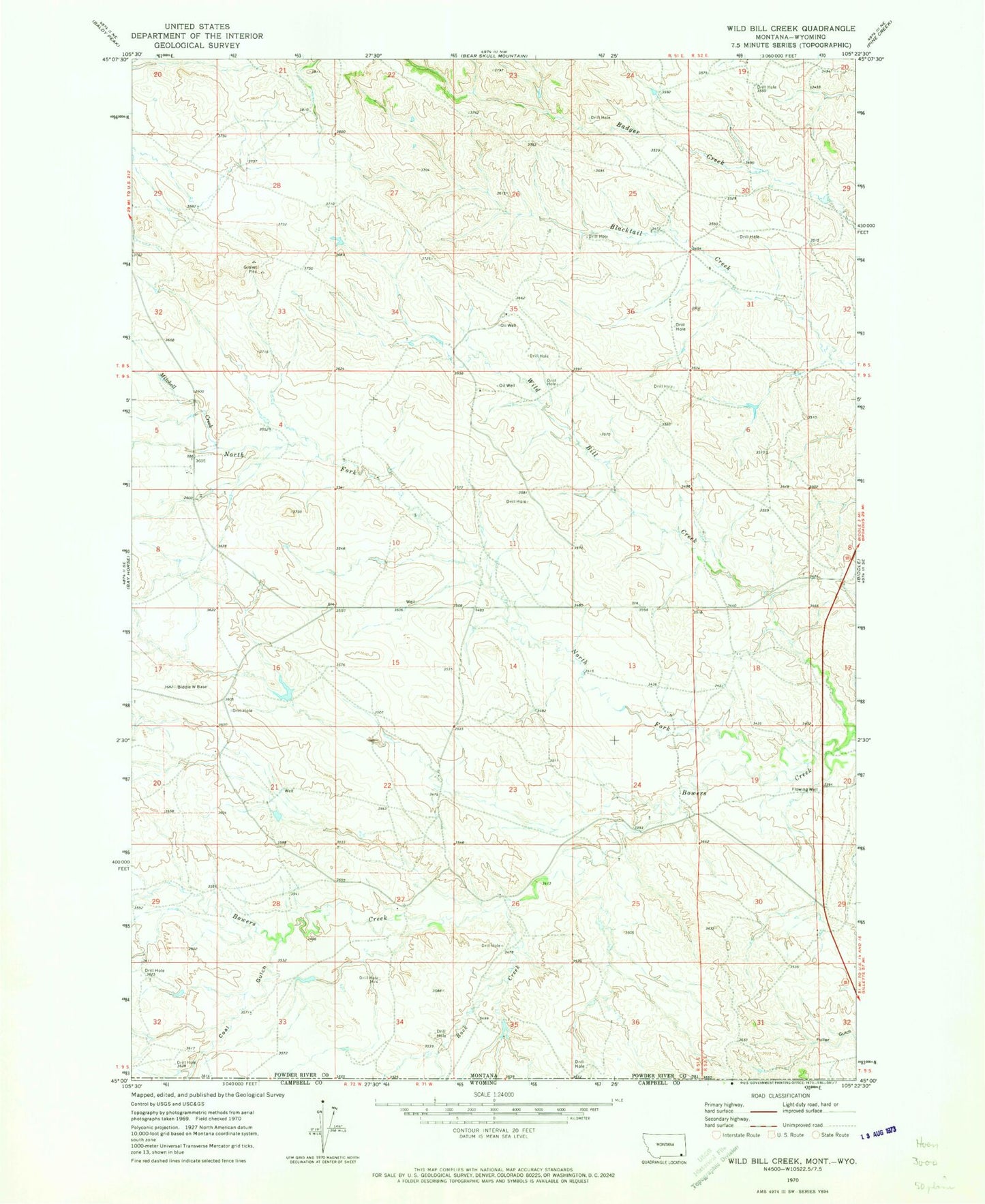 Classic USGS Wild Bill Creek Montana 7.5'x7.5' Topo Map Image
