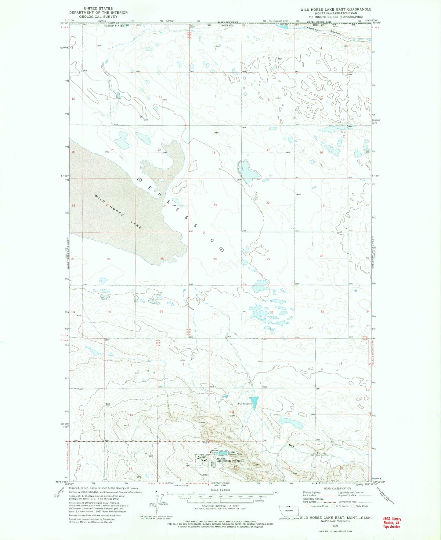 Classic USGS Wild Horse Lake East Montana 7.5'x7.5' Topo Map Image