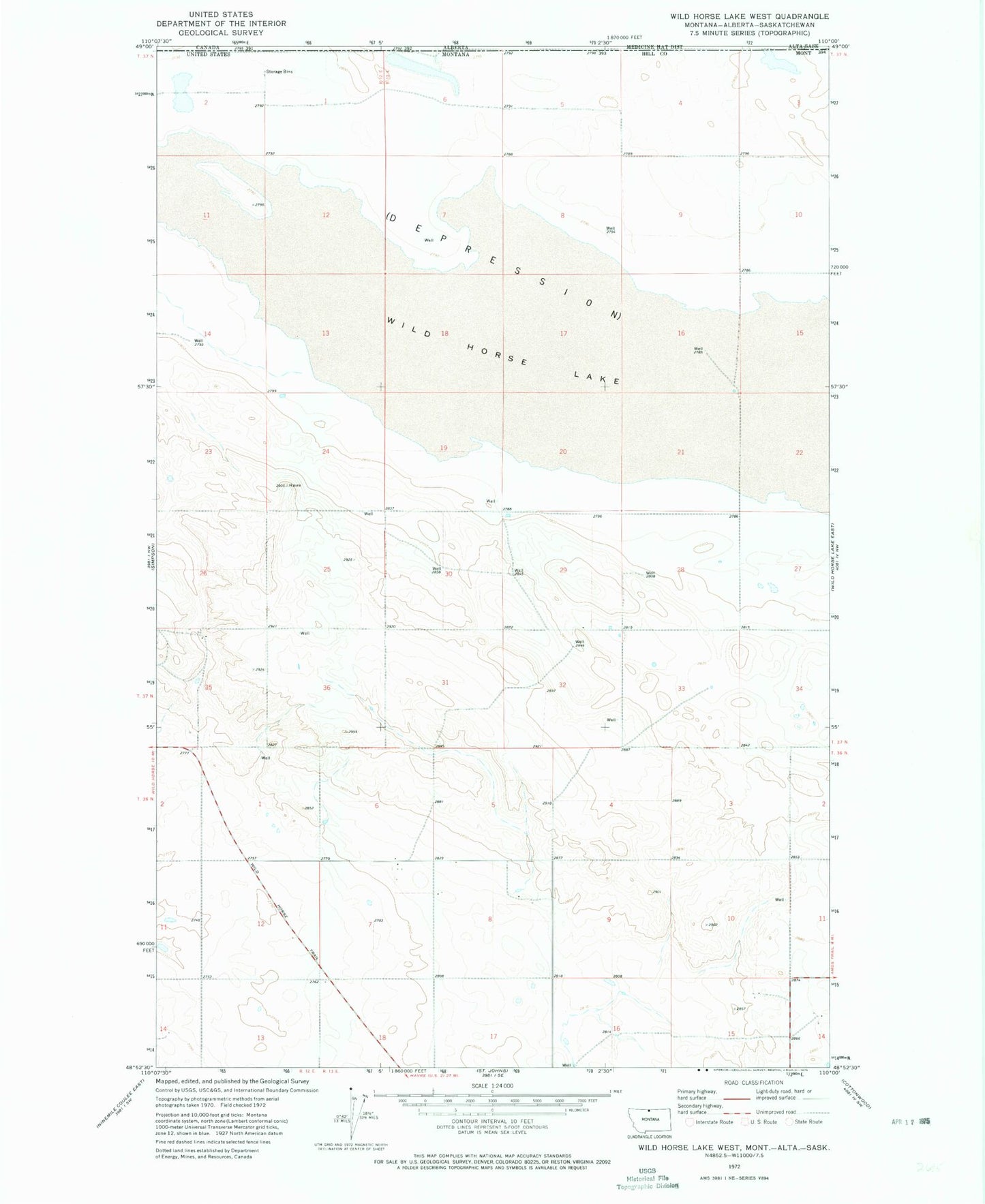 Classic USGS Wild Horse Lake West Montana 7.5'x7.5' Topo Map Image