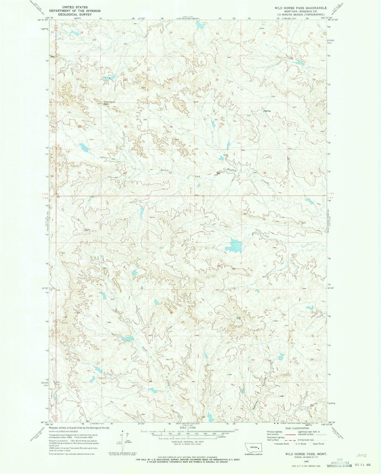 Classic USGS Wild Horse Pass Montana 7.5'x7.5' Topo Map Image