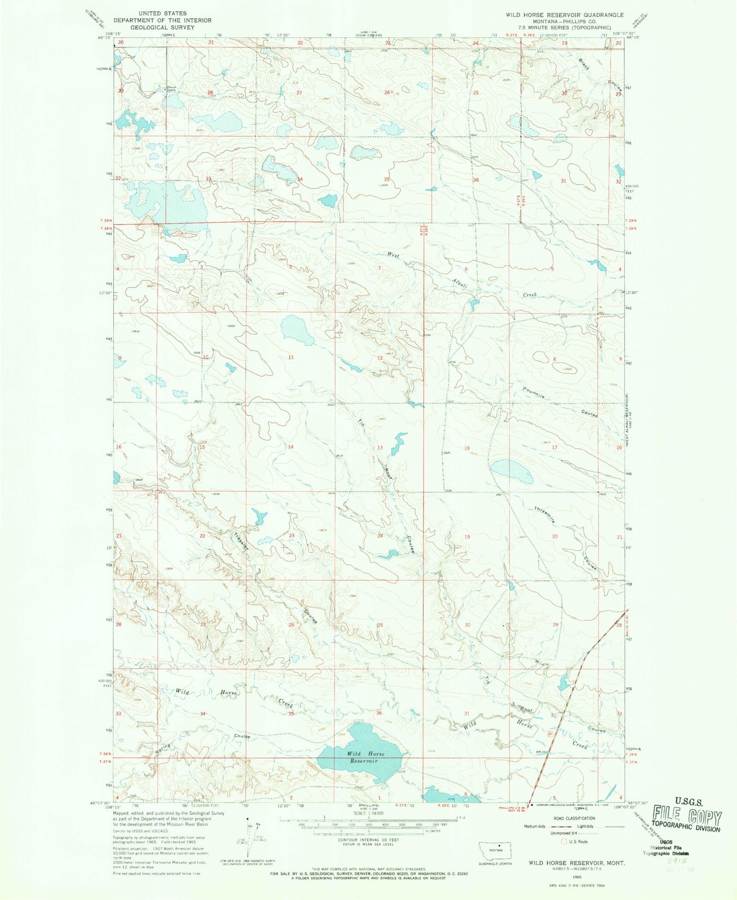 Classic USGS Wild Horse Reservoir Montana 7.5'x7.5' Topo Map Image