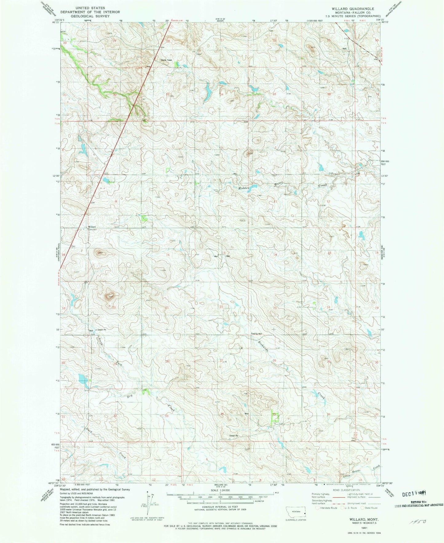 Classic USGS Willard Montana 7.5'x7.5' Topo Map Image