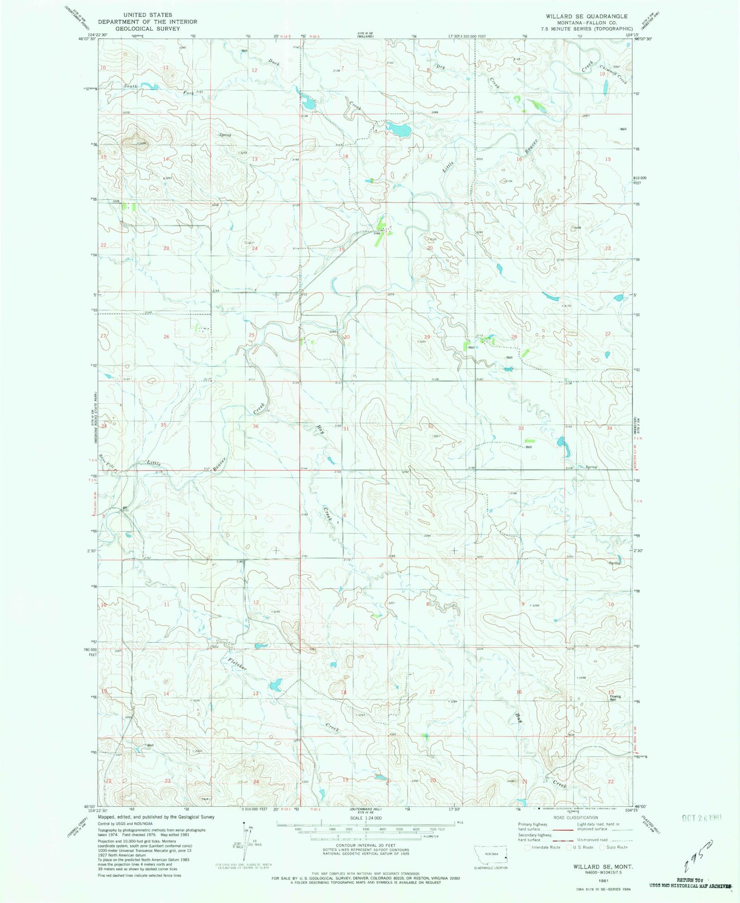 Classic USGS Willard SE Montana 7.5'x7.5' Topo Map Image