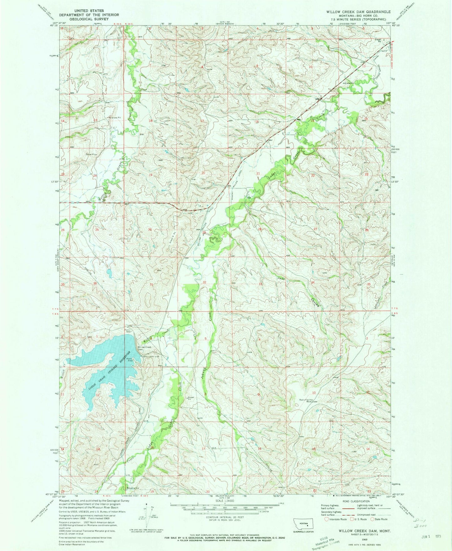 Classic USGS Willow Creek Dam Montana 7.5'x7.5' Topo Map Image