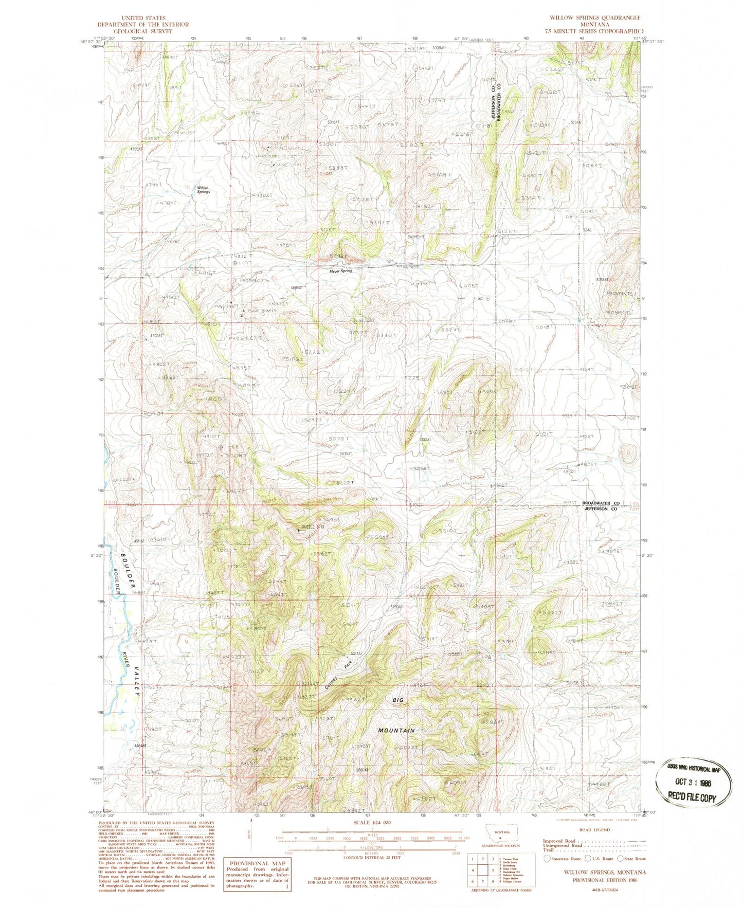 Classic USGS Willow Springs Montana 7.5'x7.5' Topo Map Image