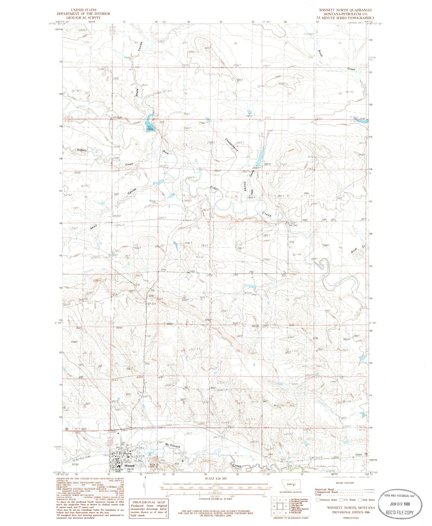 Classic USGS Winnett North Montana 7.5'x7.5' Topo Map Image