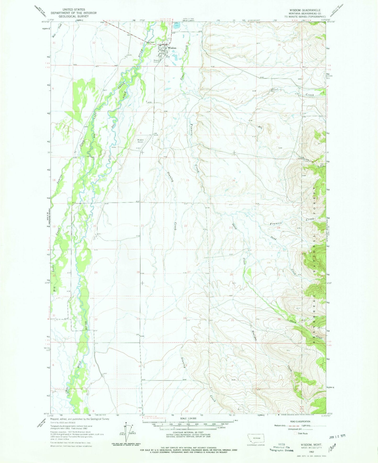 Classic USGS Wisdom Montana 7.5'x7.5' Topo Map Image