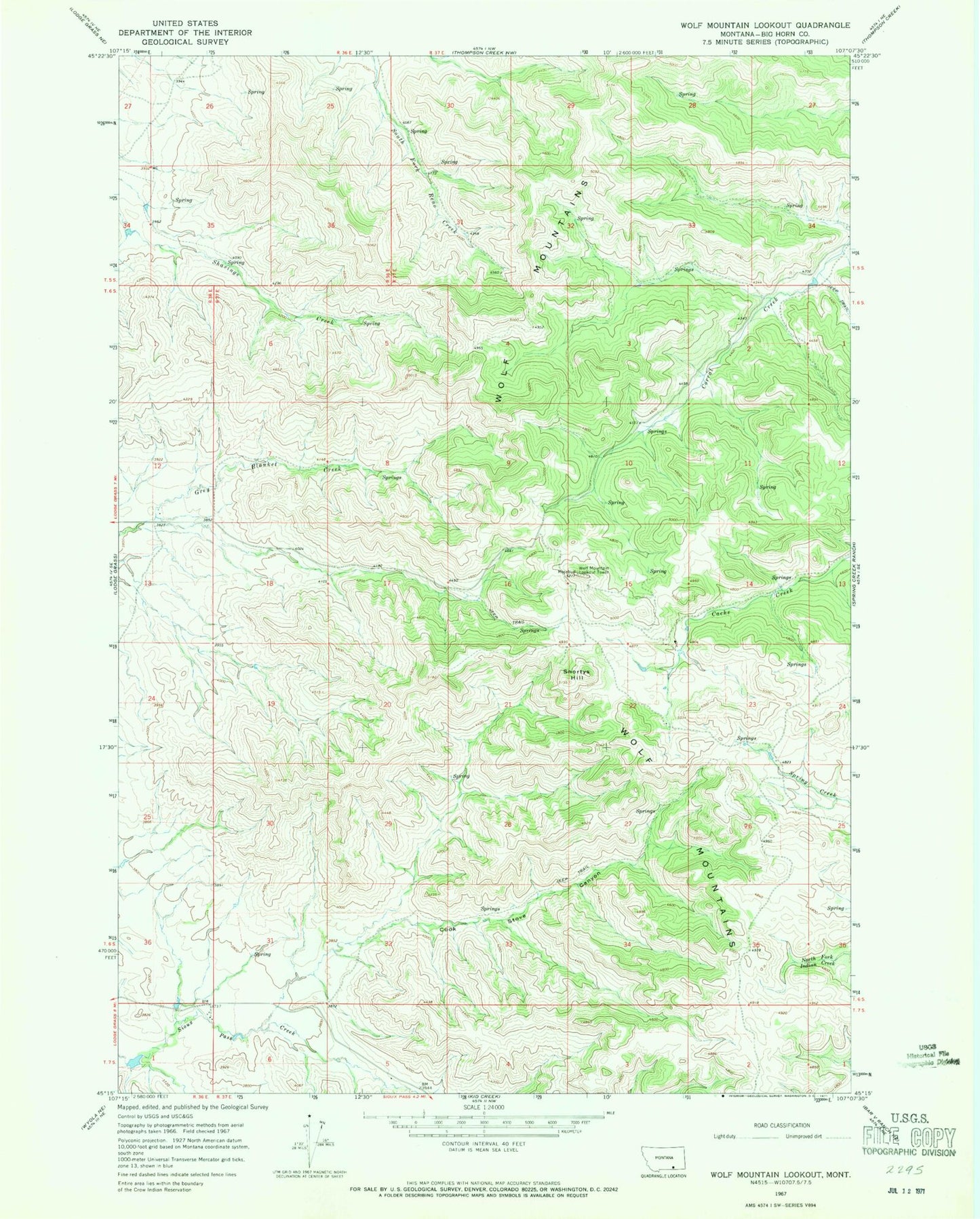 Classic USGS Wolf Mountain Lookout Montana 7.5'x7.5' Topo Map Image