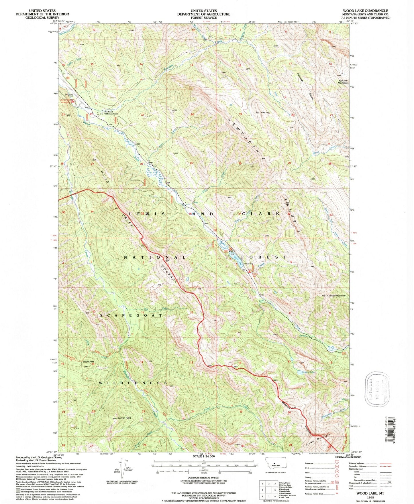 Classic USGS Wood Lake Montana 7.5'x7.5' Topo Map Image