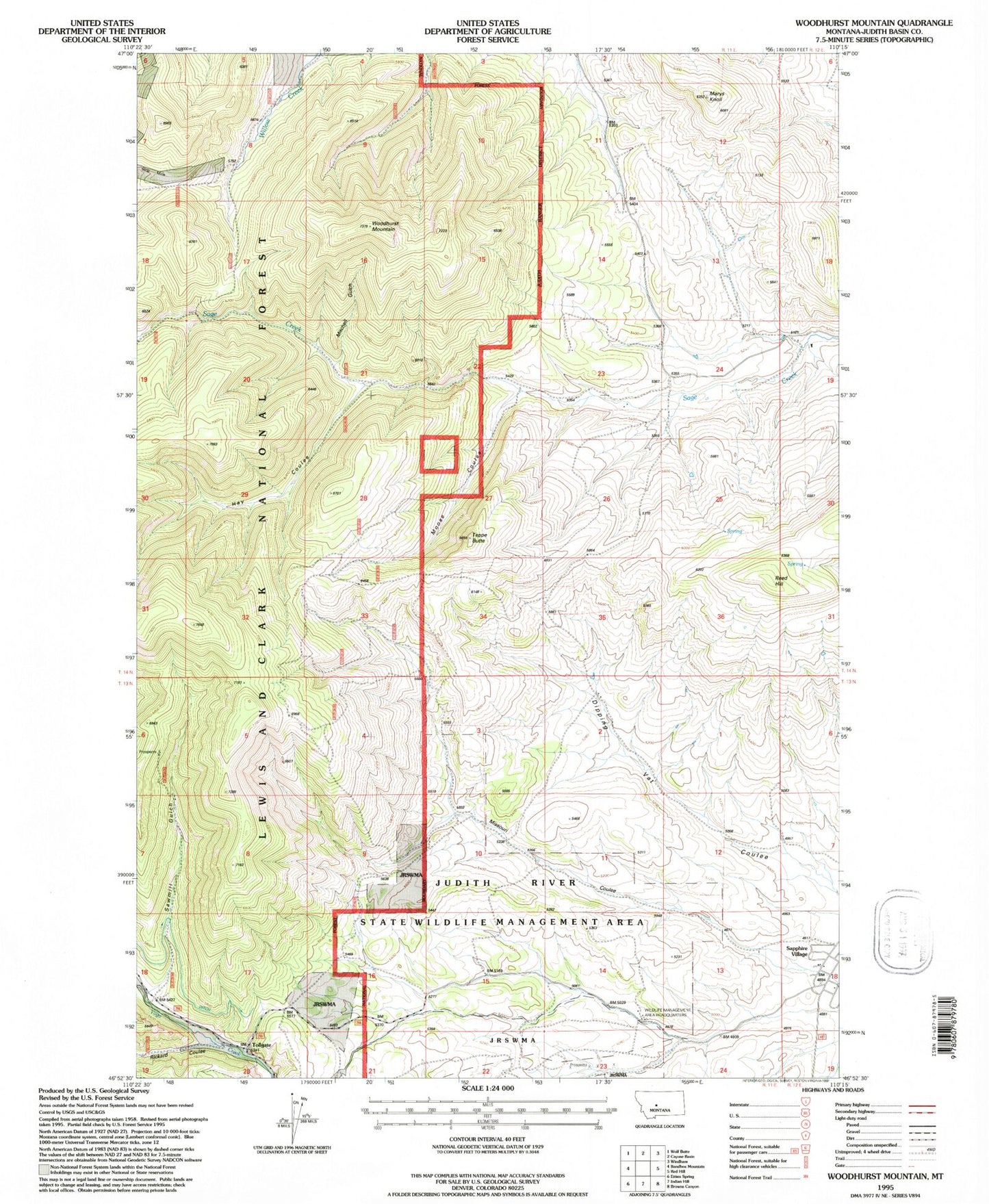 Classic USGS Woodhurst Mountain Montana 7.5'x7.5' Topo Map Image