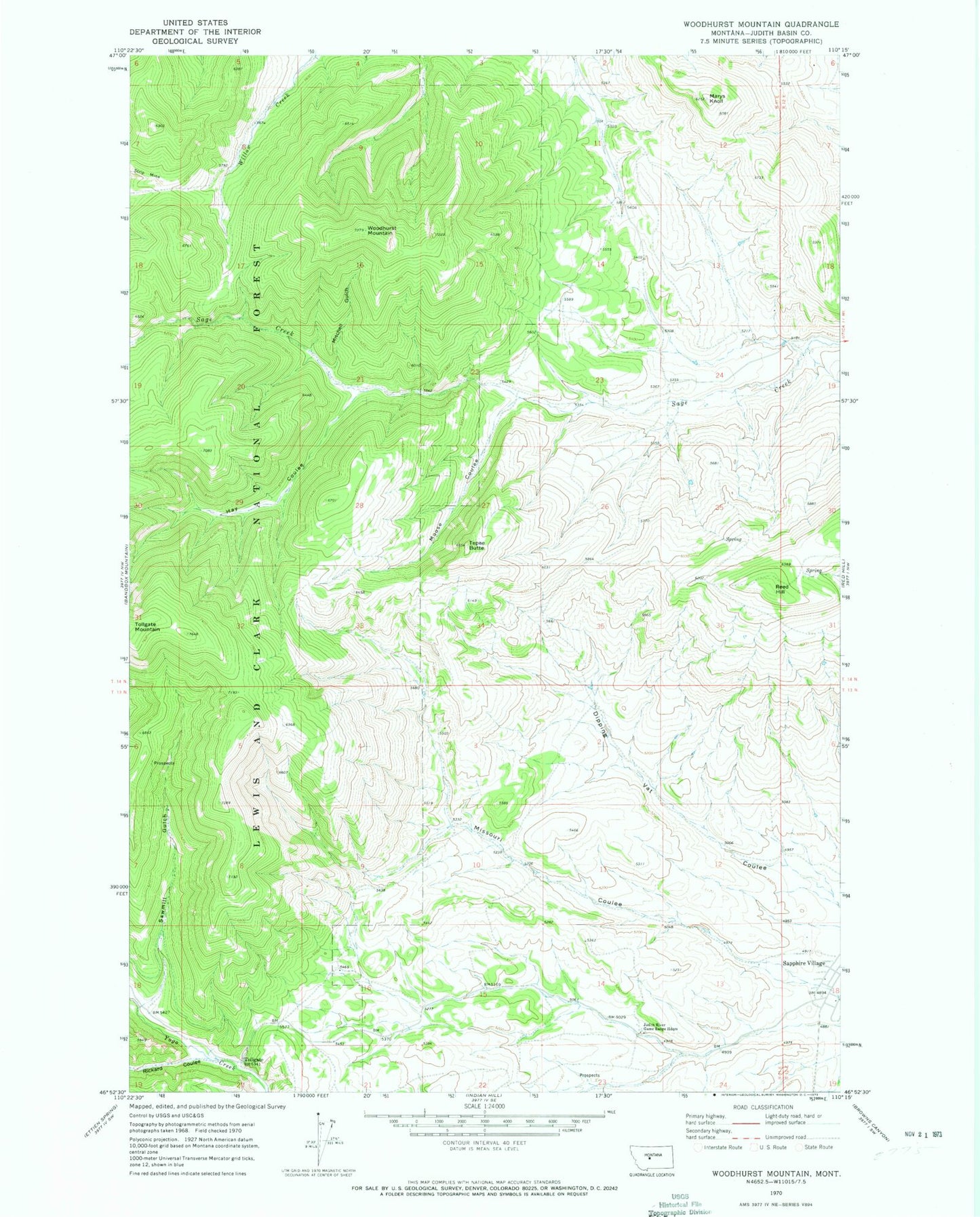 Classic USGS Woodhurst Mountain Montana 7.5'x7.5' Topo Map Image