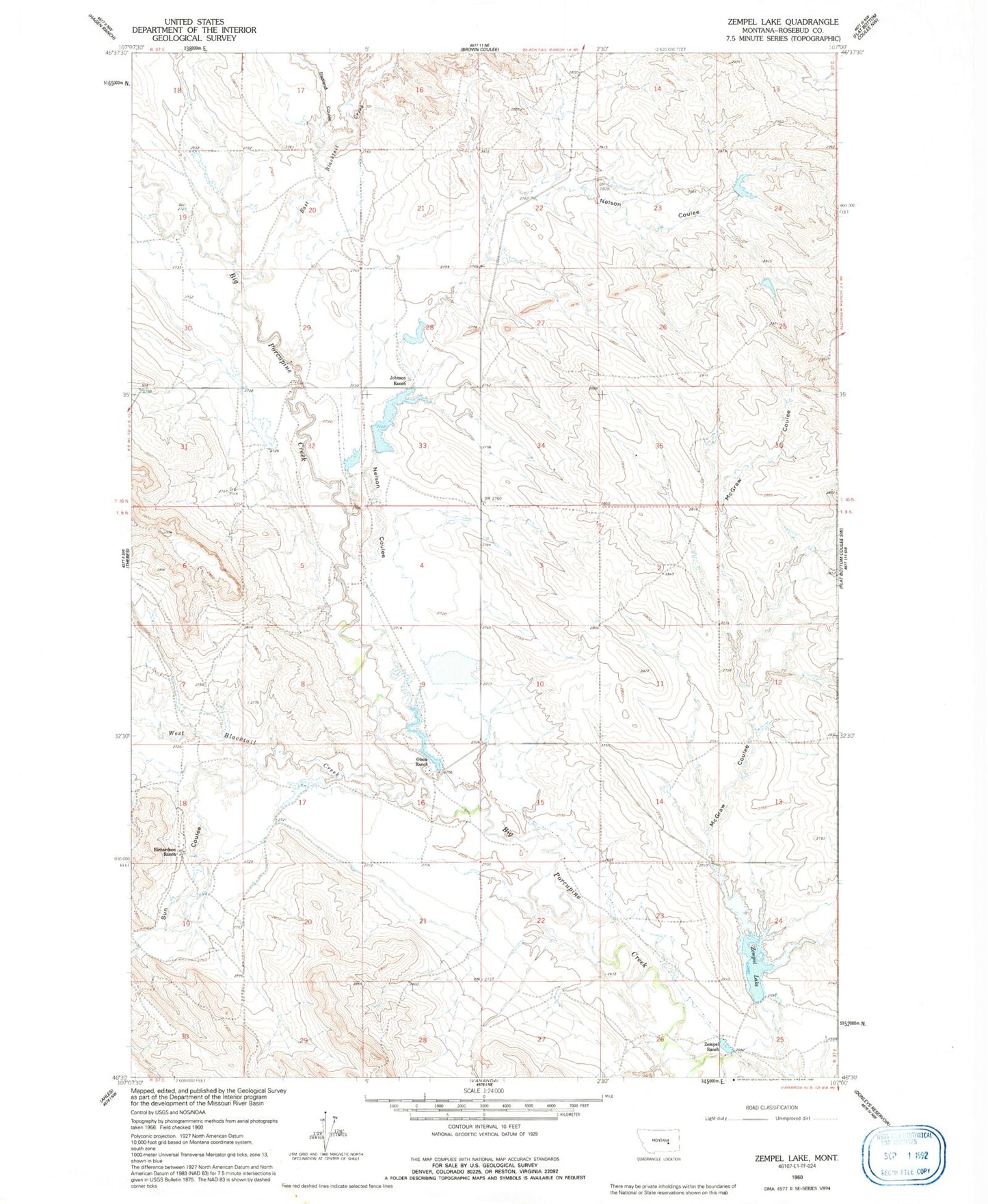 Classic USGS Zempel Lake Montana 7.5'x7.5' Topo Map Image