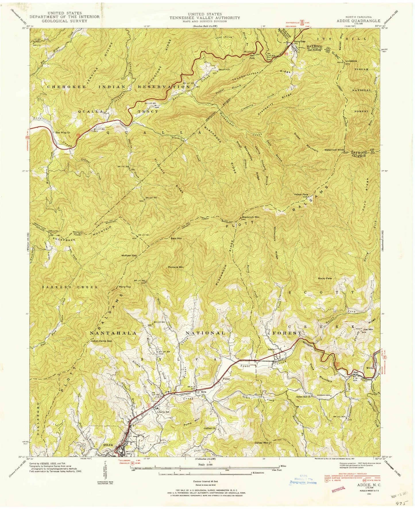 Classic USGS Sylva North North Carolina 7.5'x7.5' Topo Map Image