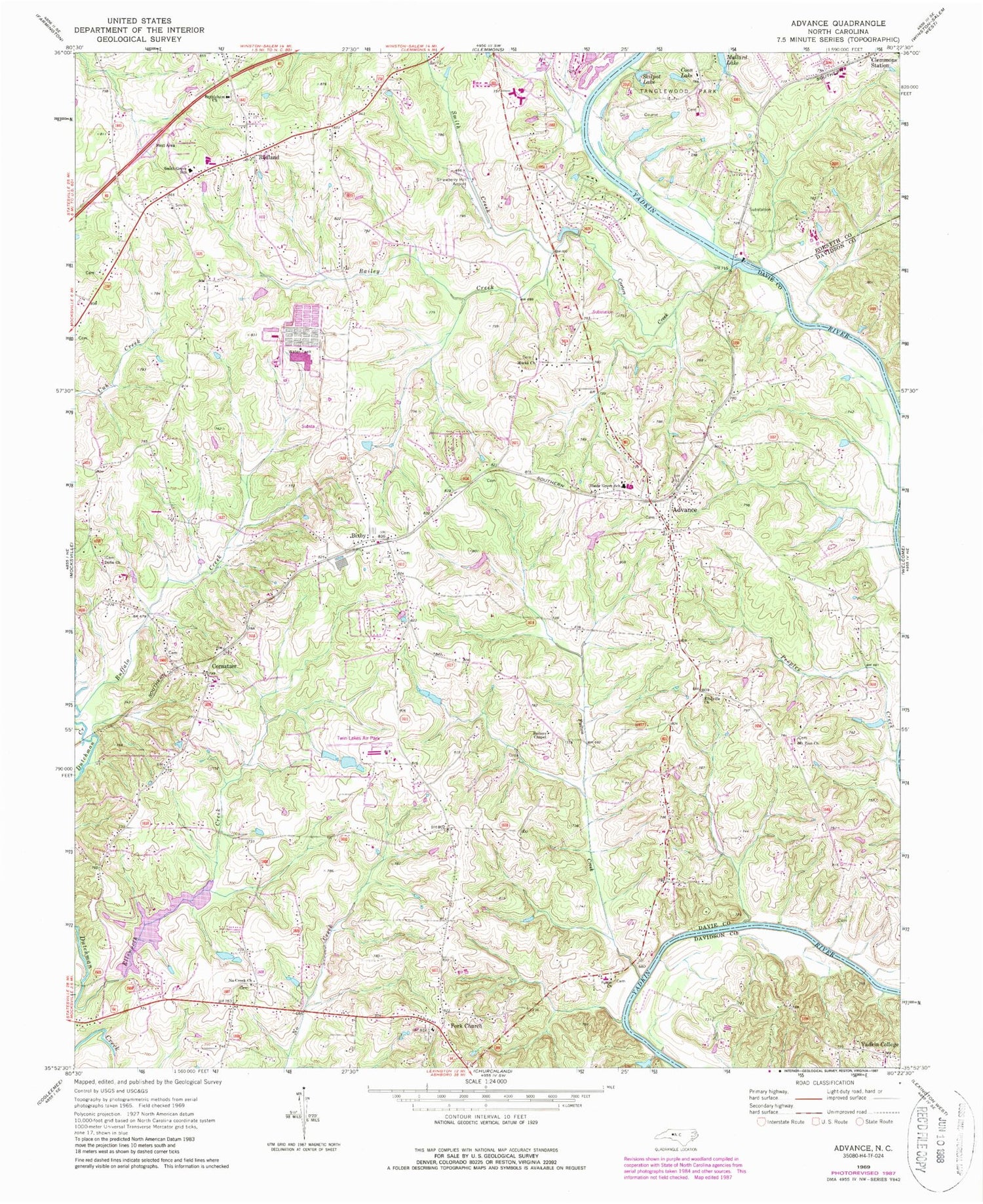 Classic USGS Advance North Carolina 7.5'x7.5' Topo Map Image