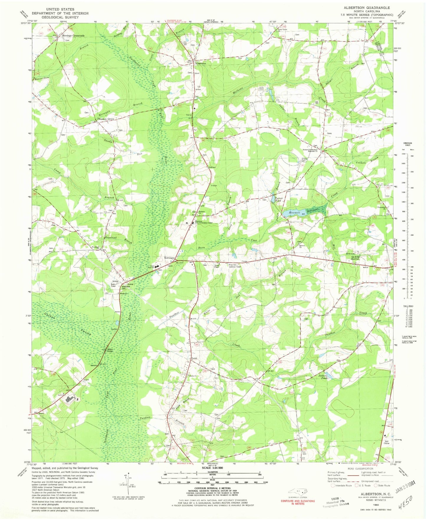 Classic USGS Albertson North Carolina 7.5'x7.5' Topo Map Image