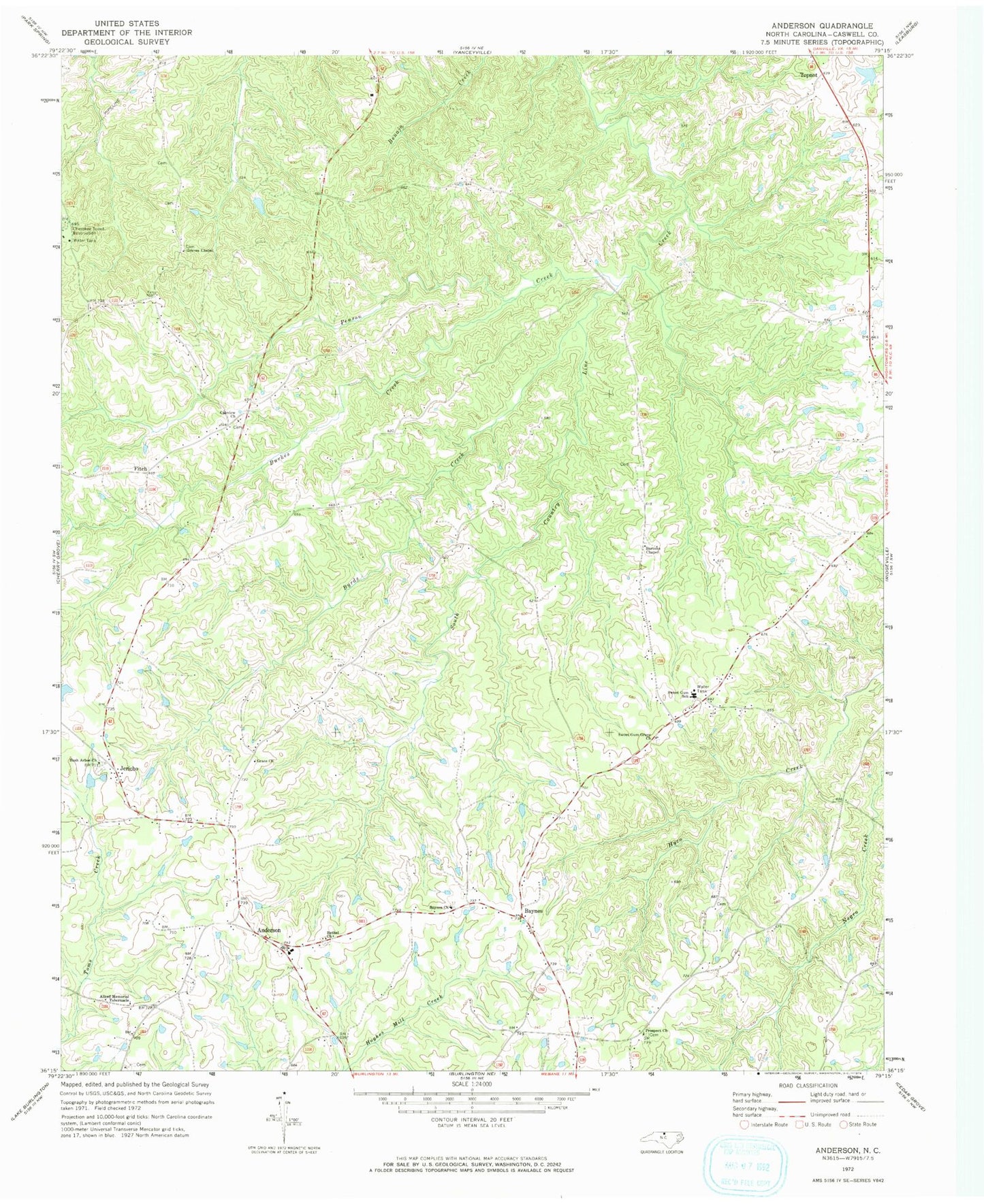 Classic USGS Anderson North Carolina 7.5'x7.5' Topo Map Image