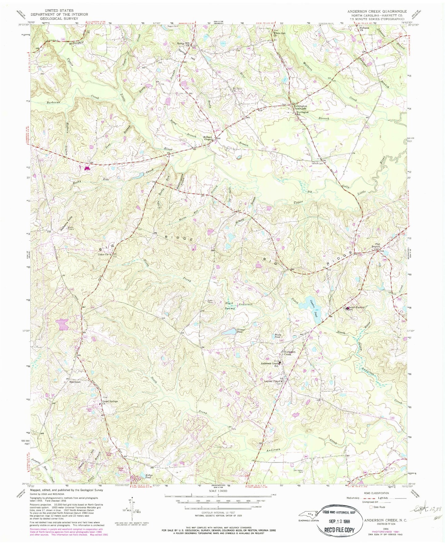 Classic USGS Anderson Creek North Carolina 7.5'x7.5' Topo Map Image