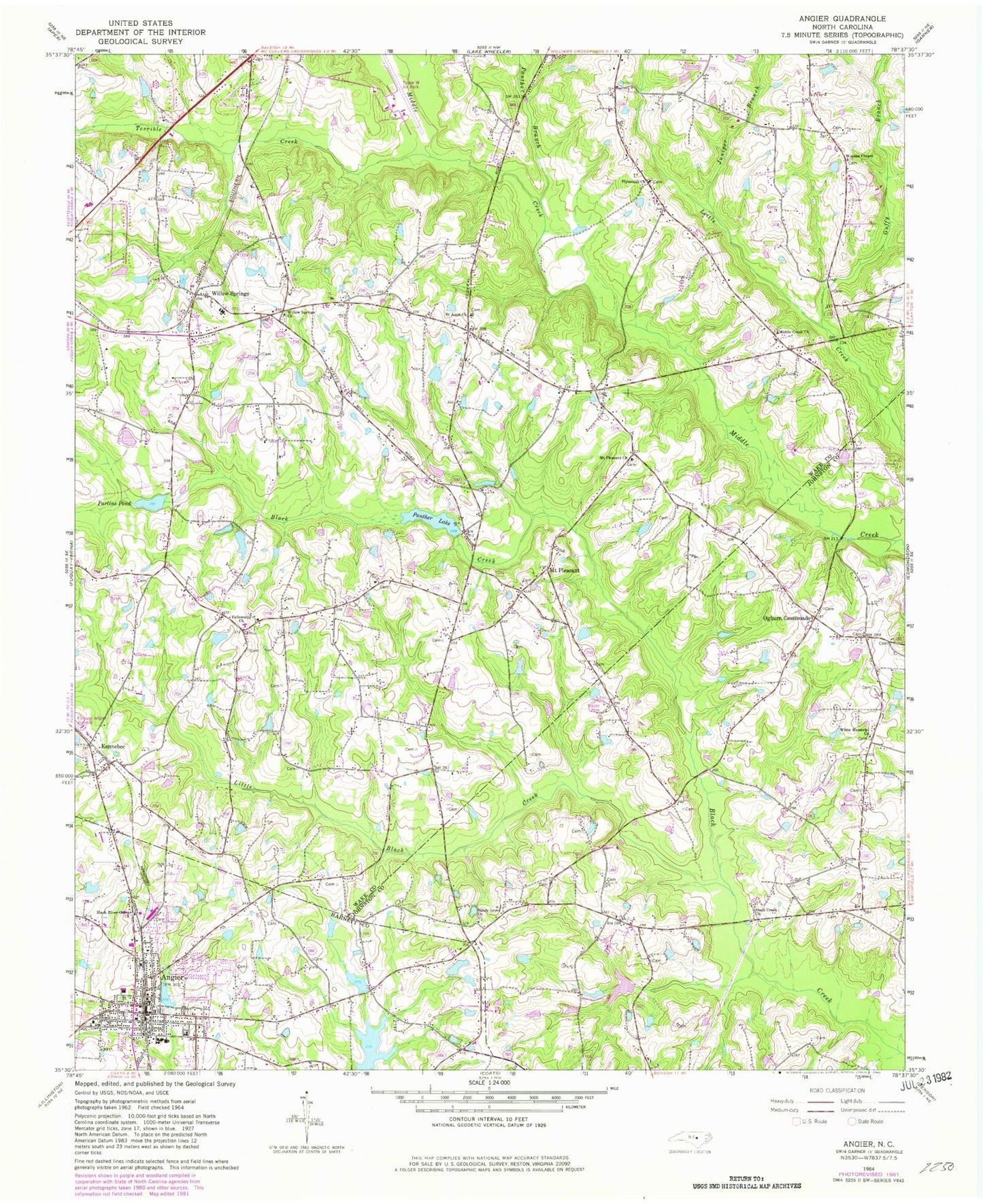 Classic USGS Angier North Carolina 7.5'x7.5' Topo Map Image