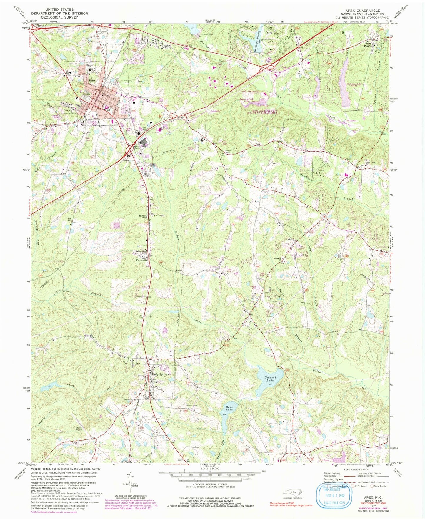 Classic USGS Apex North Carolina 7.5'x7.5' Topo Map Image