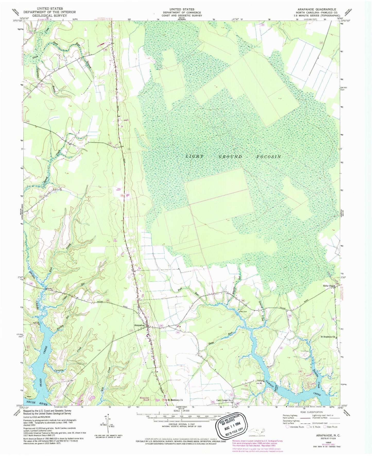 Classic USGS Arapahoe North Carolina 7.5'x7.5' Topo Map Image