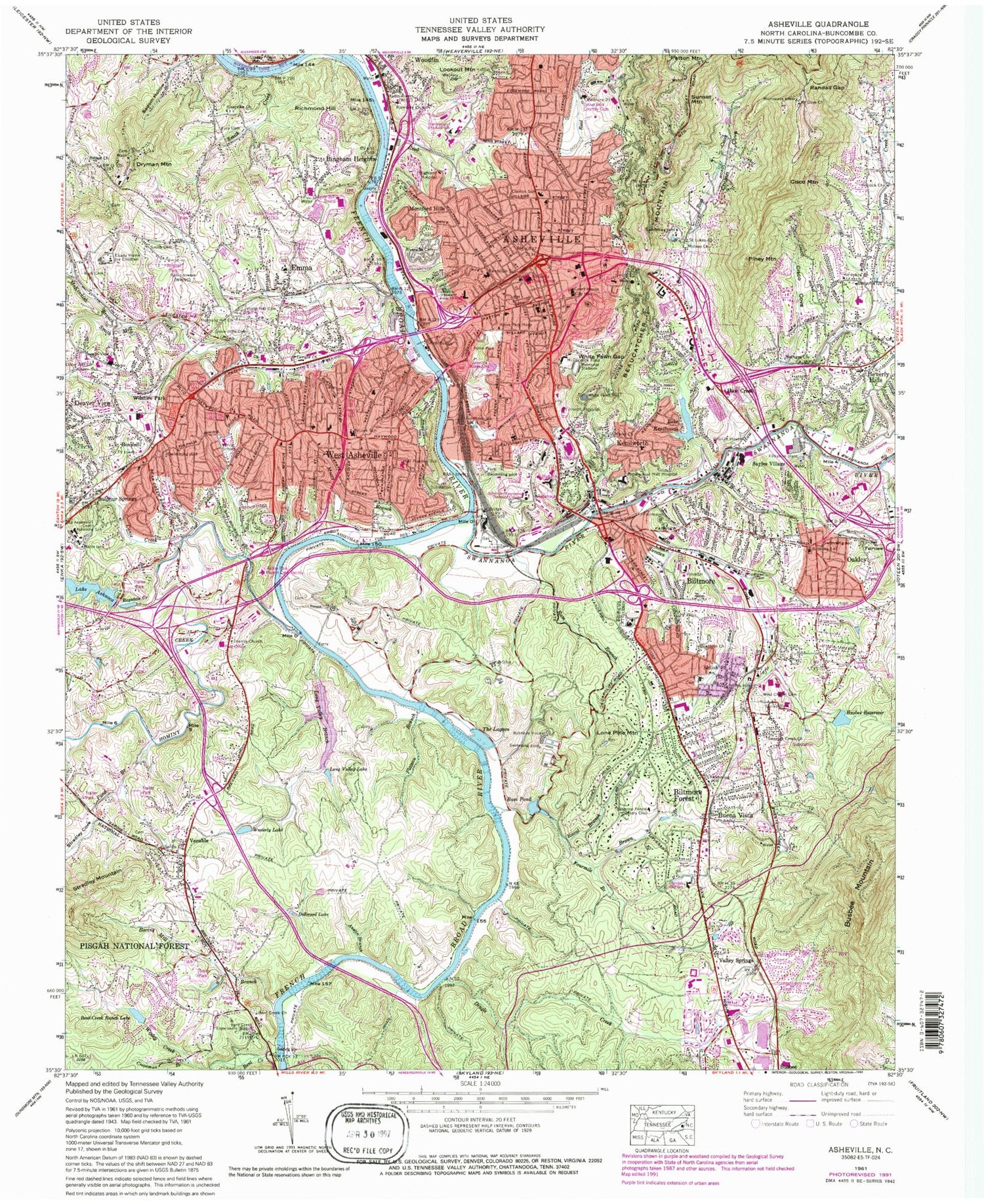 USGS Classic Asheville North Carolina 7.5'x7.5' Topo Map Image