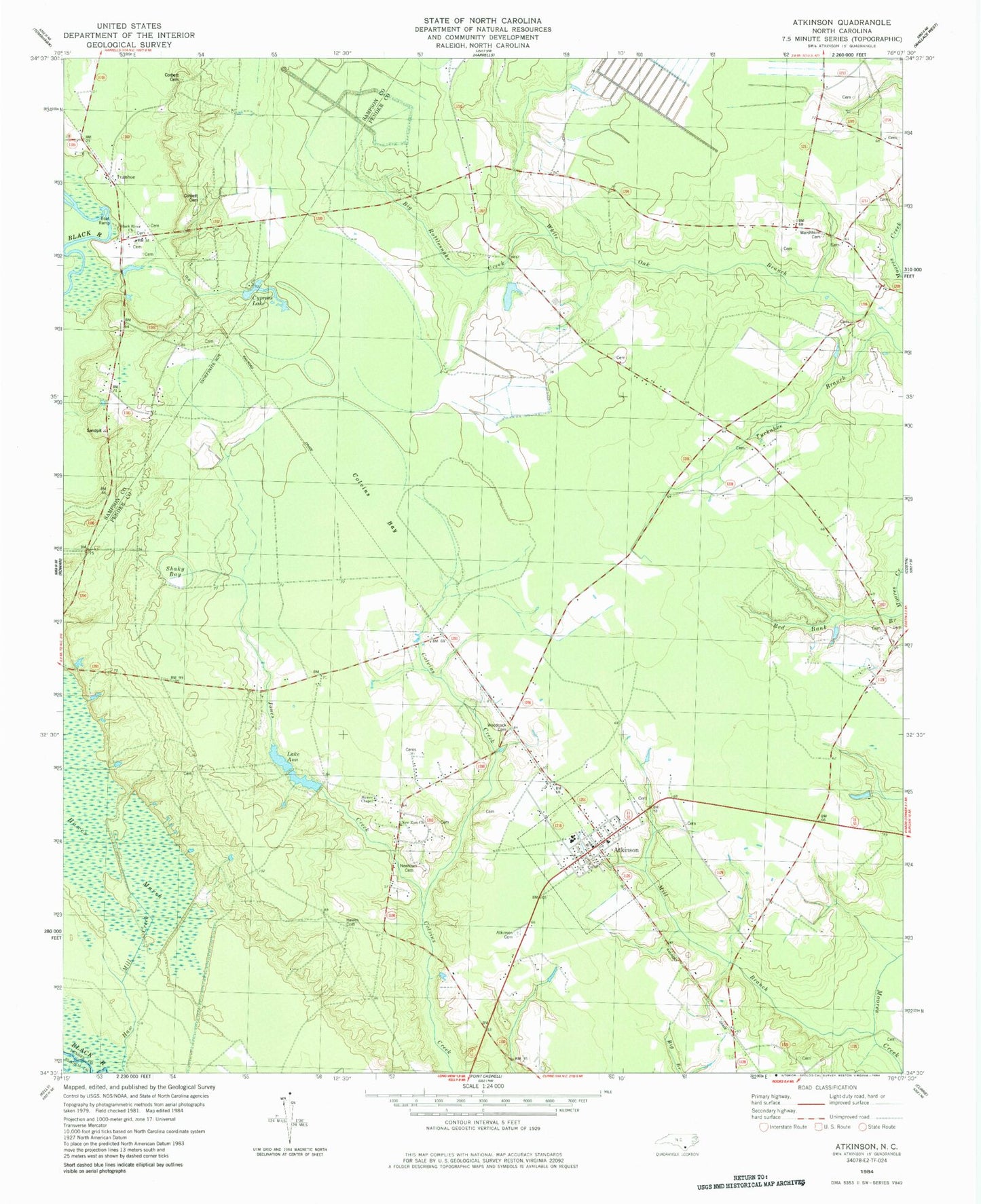 Classic USGS Atkinson North Carolina 7.5'x7.5' Topo Map Image