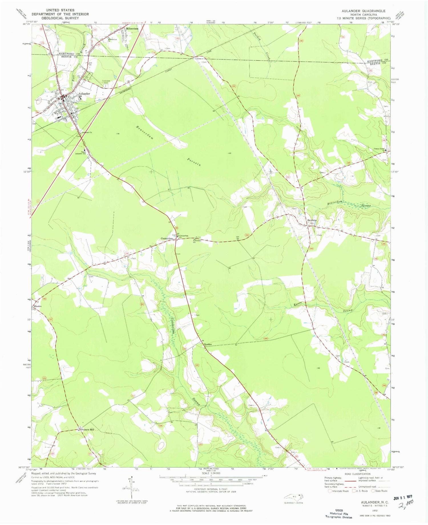 Classic USGS Aulander North Carolina 7.5'x7.5' Topo Map Image