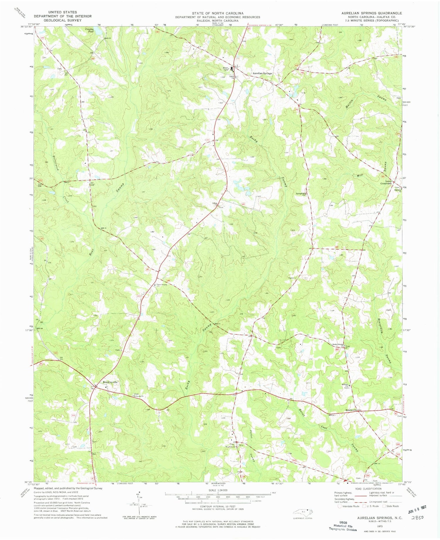 Classic USGS Aurelian Springs North Carolina 7.5'x7.5' Topo Map Image