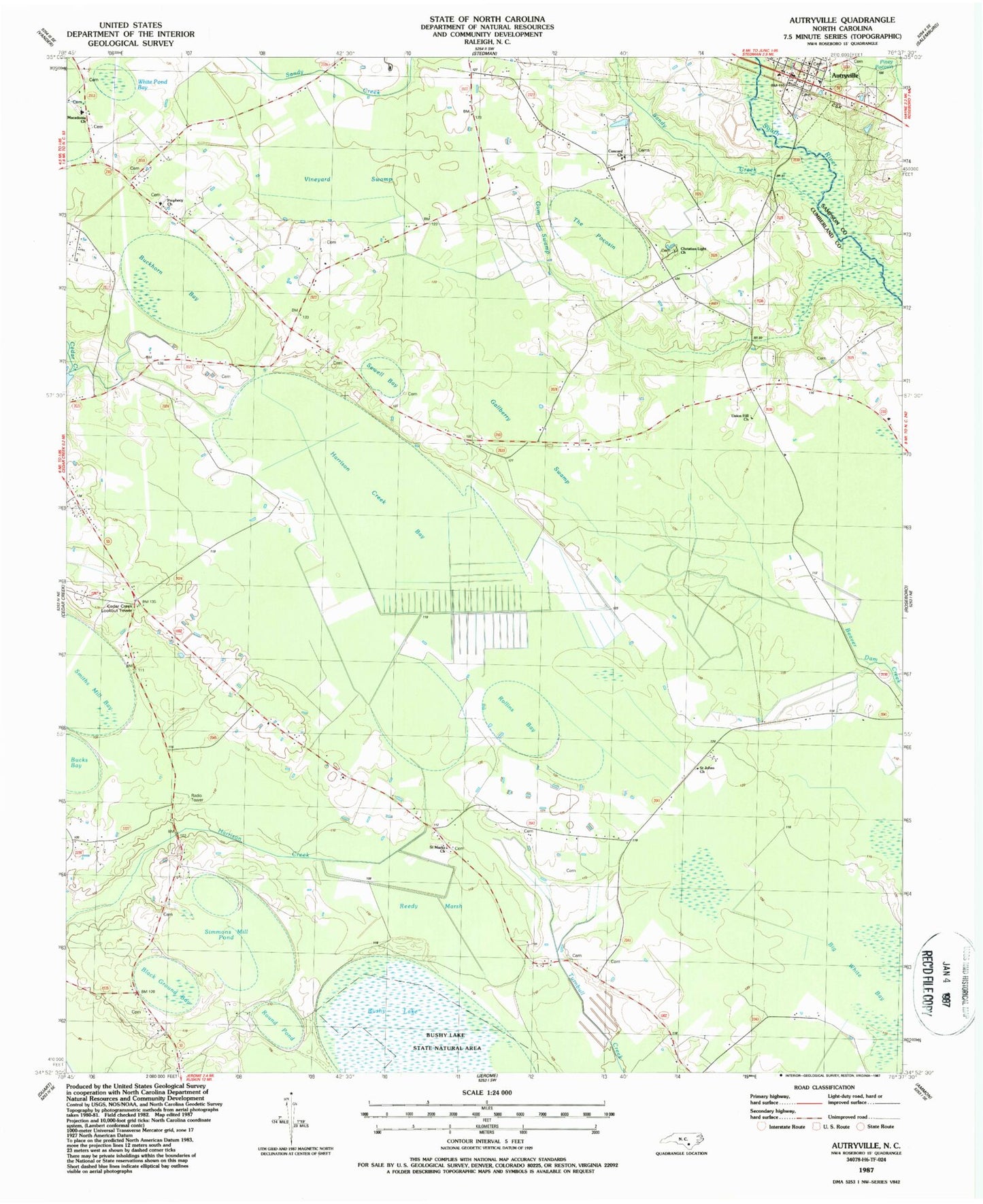 Classic USGS Autryville North Carolina 7.5'x7.5' Topo Map Image