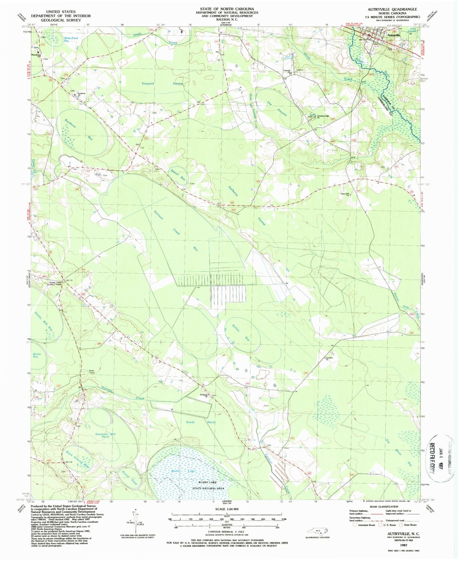 Classic USGS Autryville North Carolina 7.5'x7.5' Topo Map Image